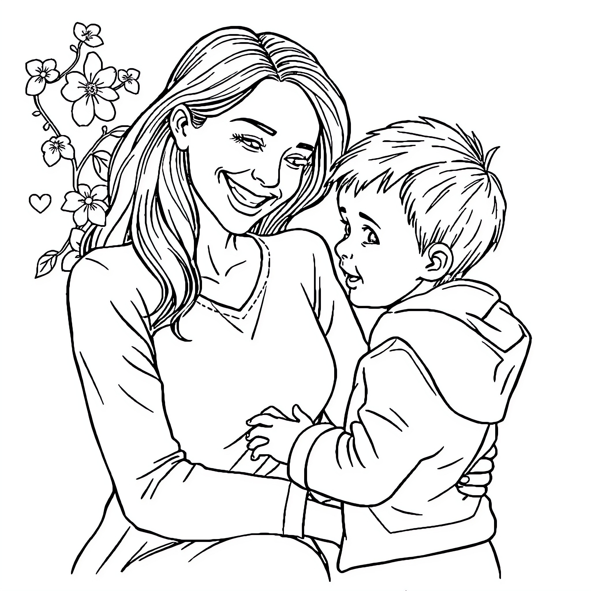 Woman embracing child with flowers Coloring Page (free black-and-white line drawing printable PDF for all, from beginners to advanced learners, including children, teens, adults, and seniors)