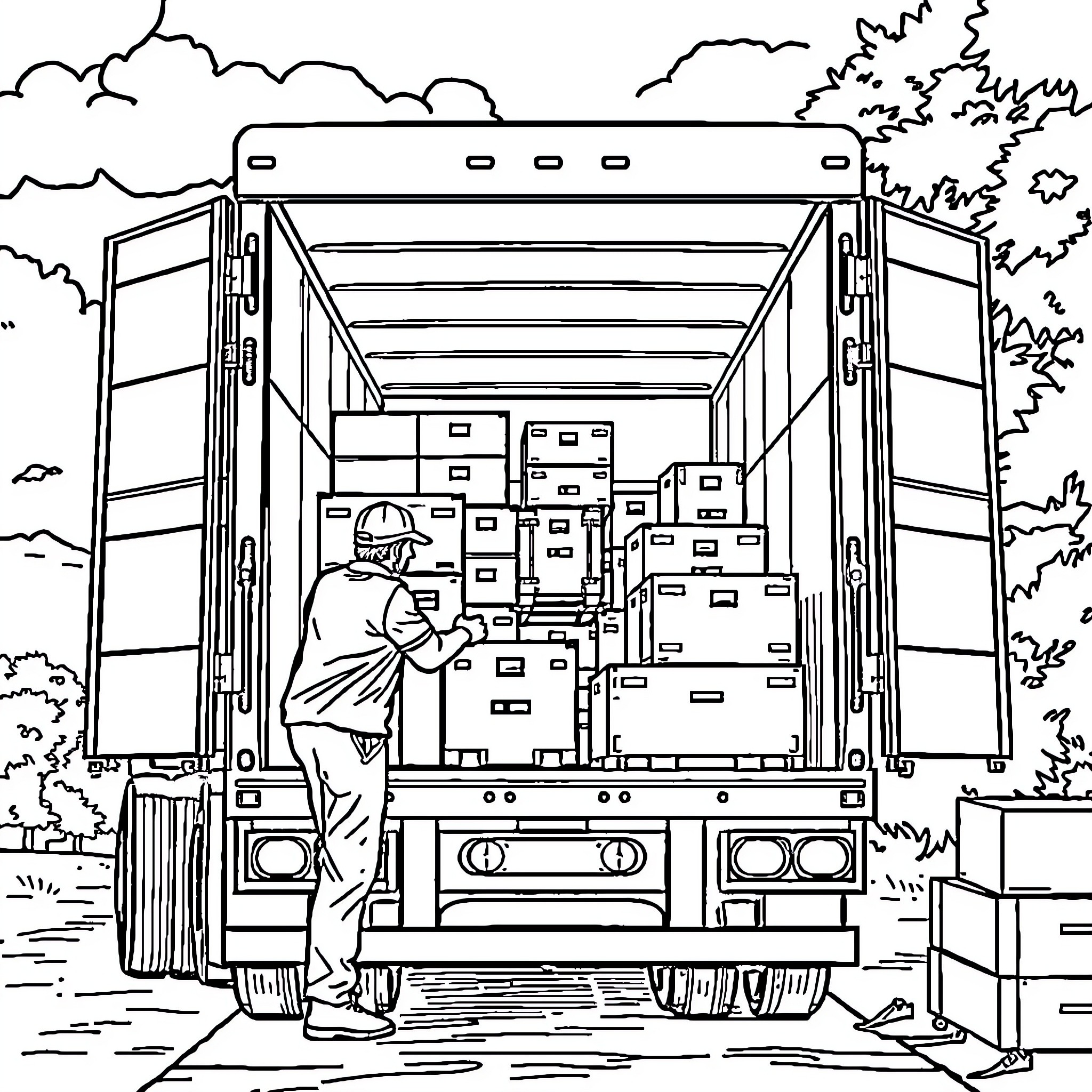 Truck delivering packages in a rural area Coloring Page (free black-and-white line drawing printable PDF for all, from beginners to advanced learners, including children, teens, adults, and seniors)