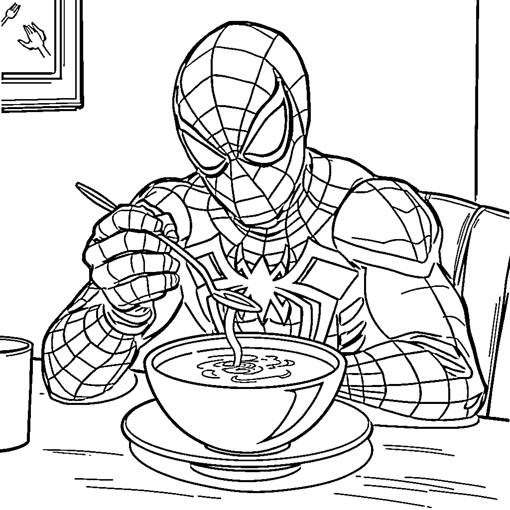 Spiderman enjoying a warm beverage in a cozy setting Coloring Page (free black-and-white line drawing printable PDF for all, from beginners to advanced learners, including children, teens, adults, and seniors)