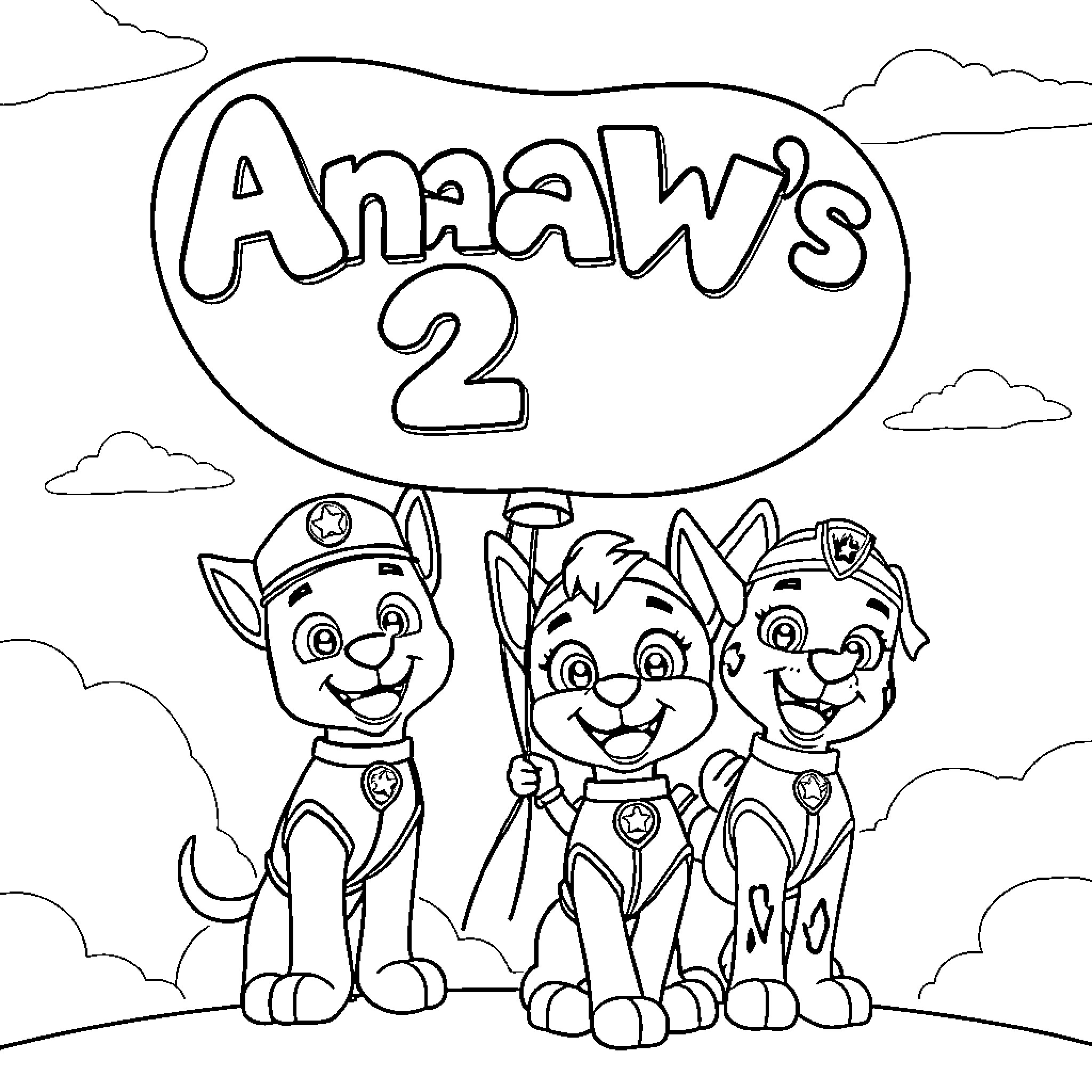 Paw Patrol characters in action with balloons Coloring Page (free black-and-white line drawing printable PDF for all, from beginners to advanced learners, including children, teens, adults, and seniors)