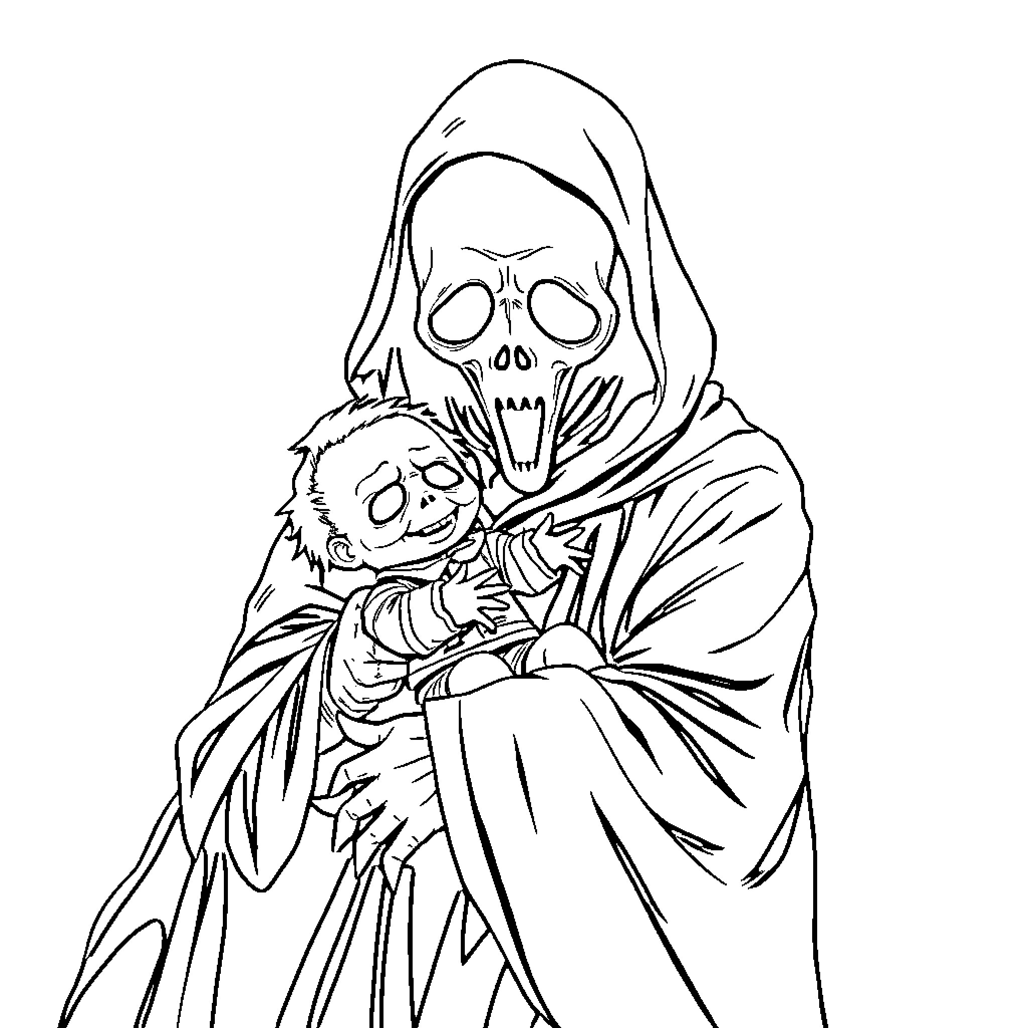 Ghostface Menacing Figure Holding Doll Coloring Page (free black-and-white line drawing printable PDF for all, from beginners to advanced learners, including children, teens, adults, and seniors)