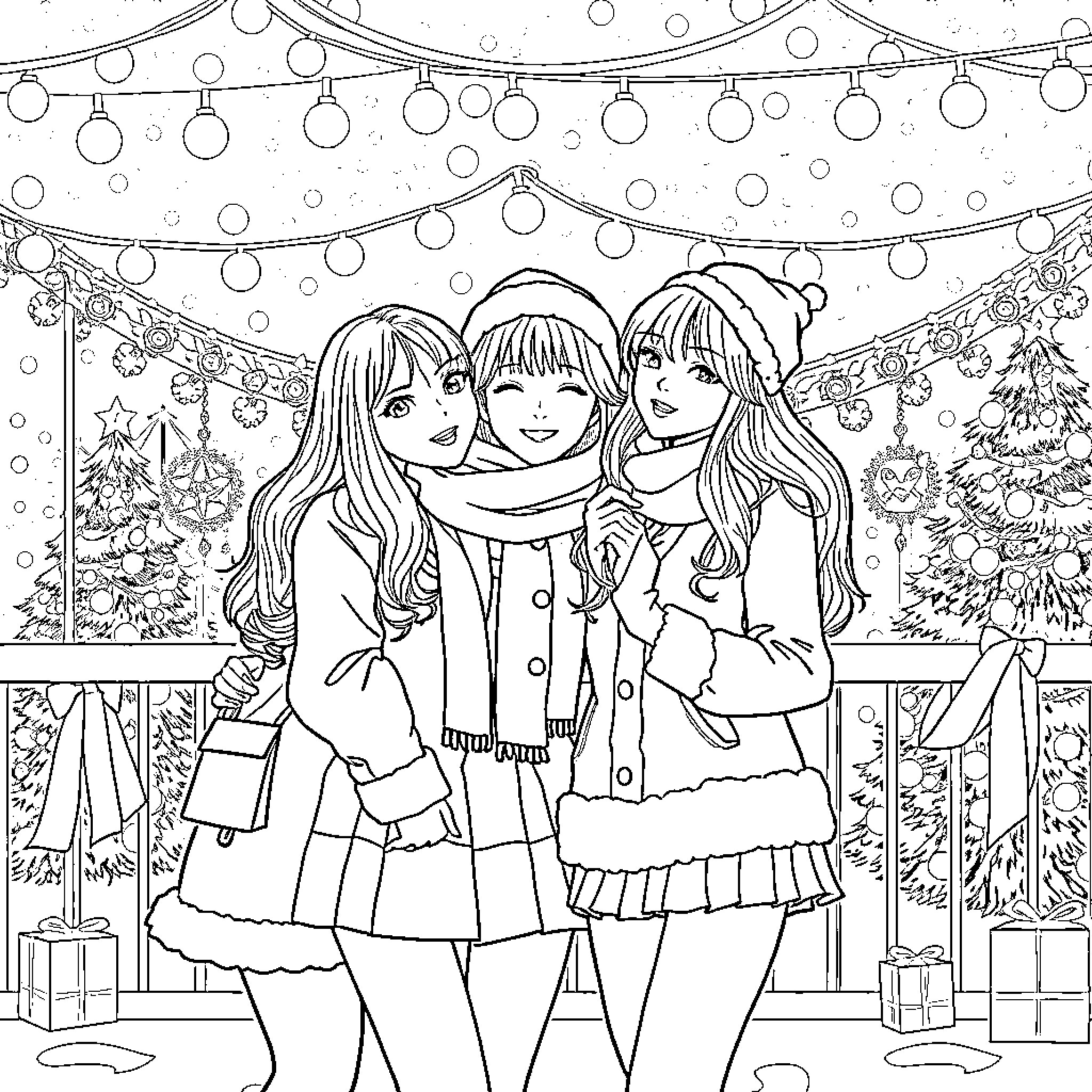 Kpop Girls in Winter Wonderland Coloring Page (free black-and-white line drawing printable PDF for all, from beginners to advanced learners, including children, teens, adults, and seniors)