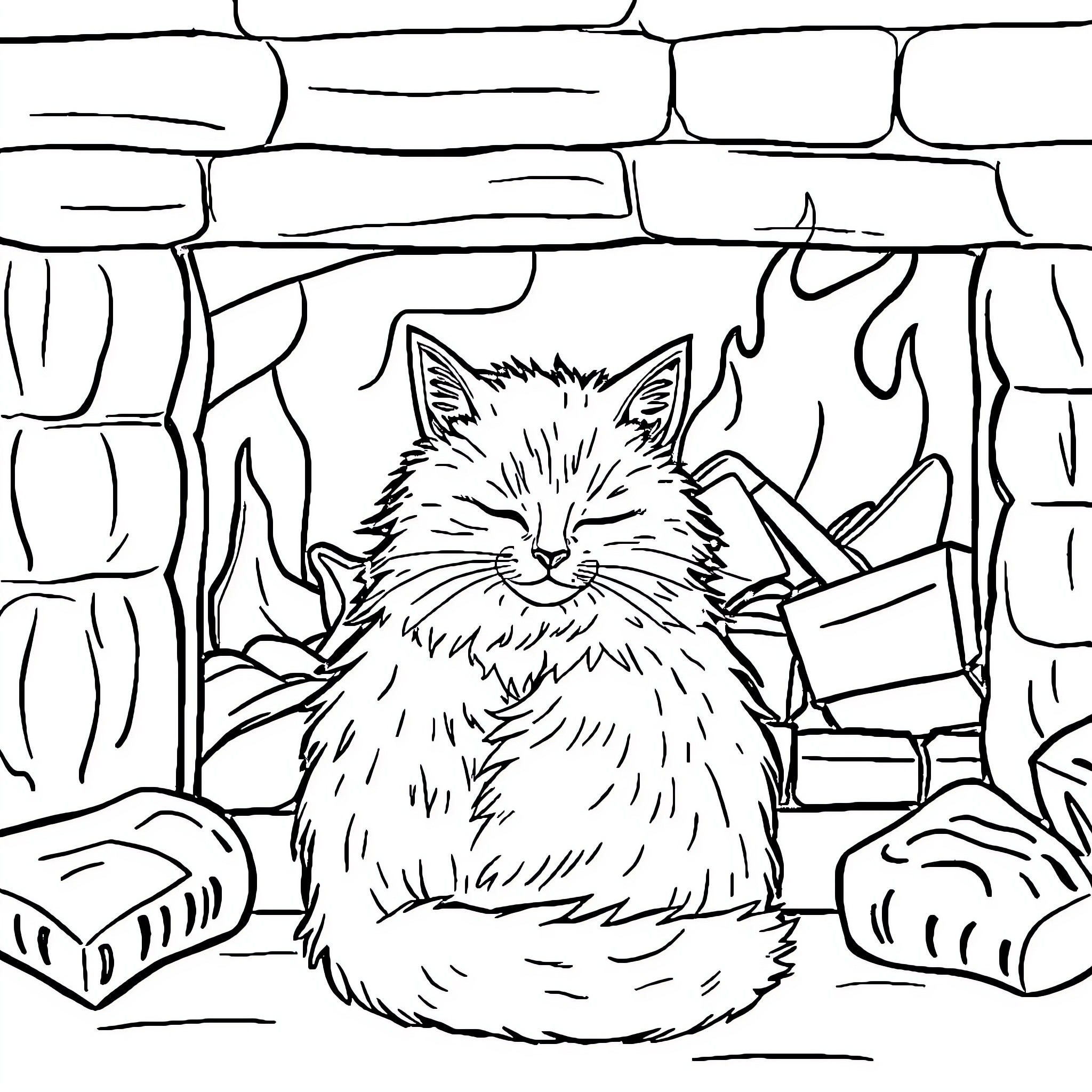 Cat lounging in a cozy bookshelf Coloring Page (free black-and-white line drawing printable PDF for all, from beginners to advanced learners, including children, teens, adults, and seniors)
