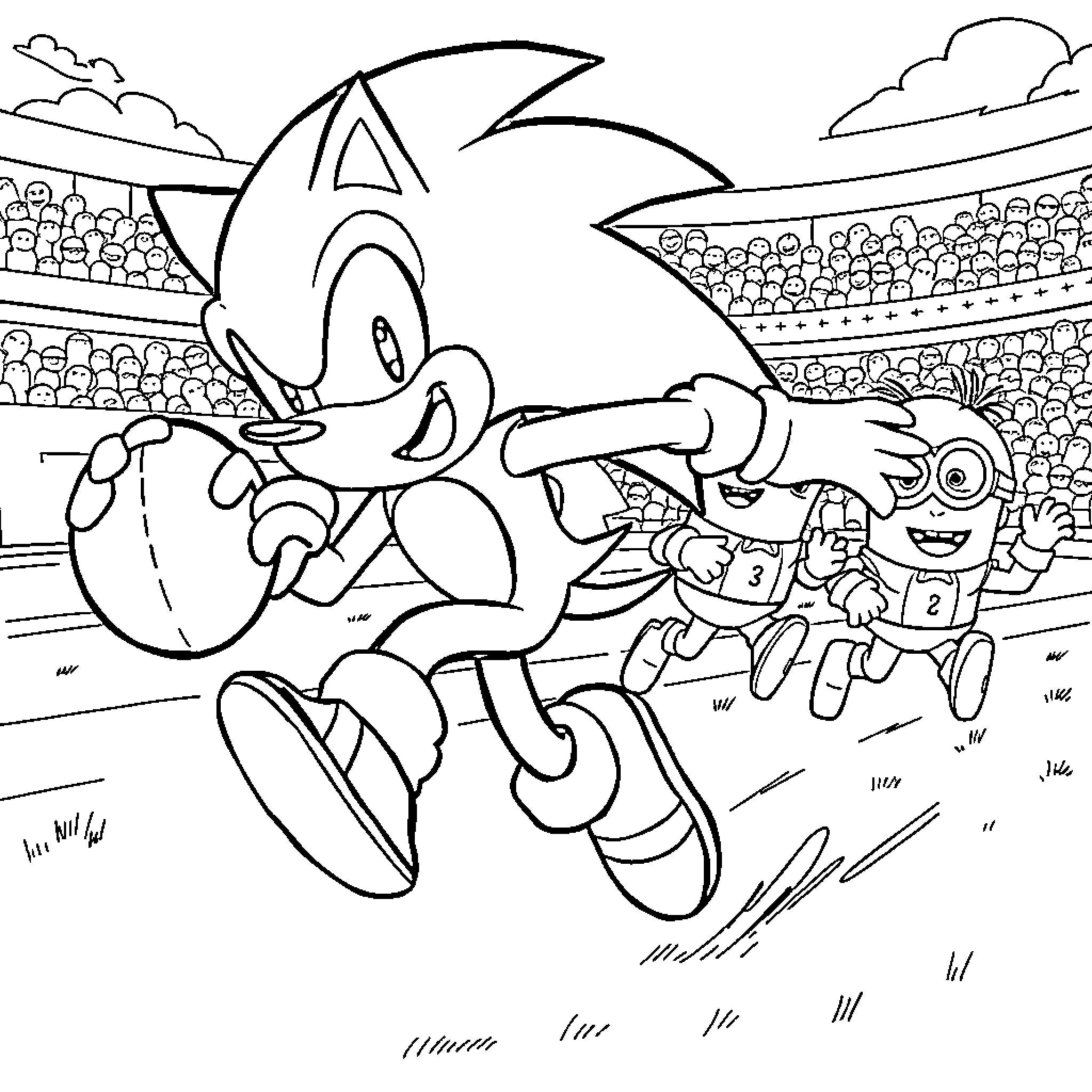 Sonic running excitedly in a sports stadium Coloring Page (free black-and-white line drawing printable PDF for all, from beginners to advanced learners, including children, teens, adults, and seniors)