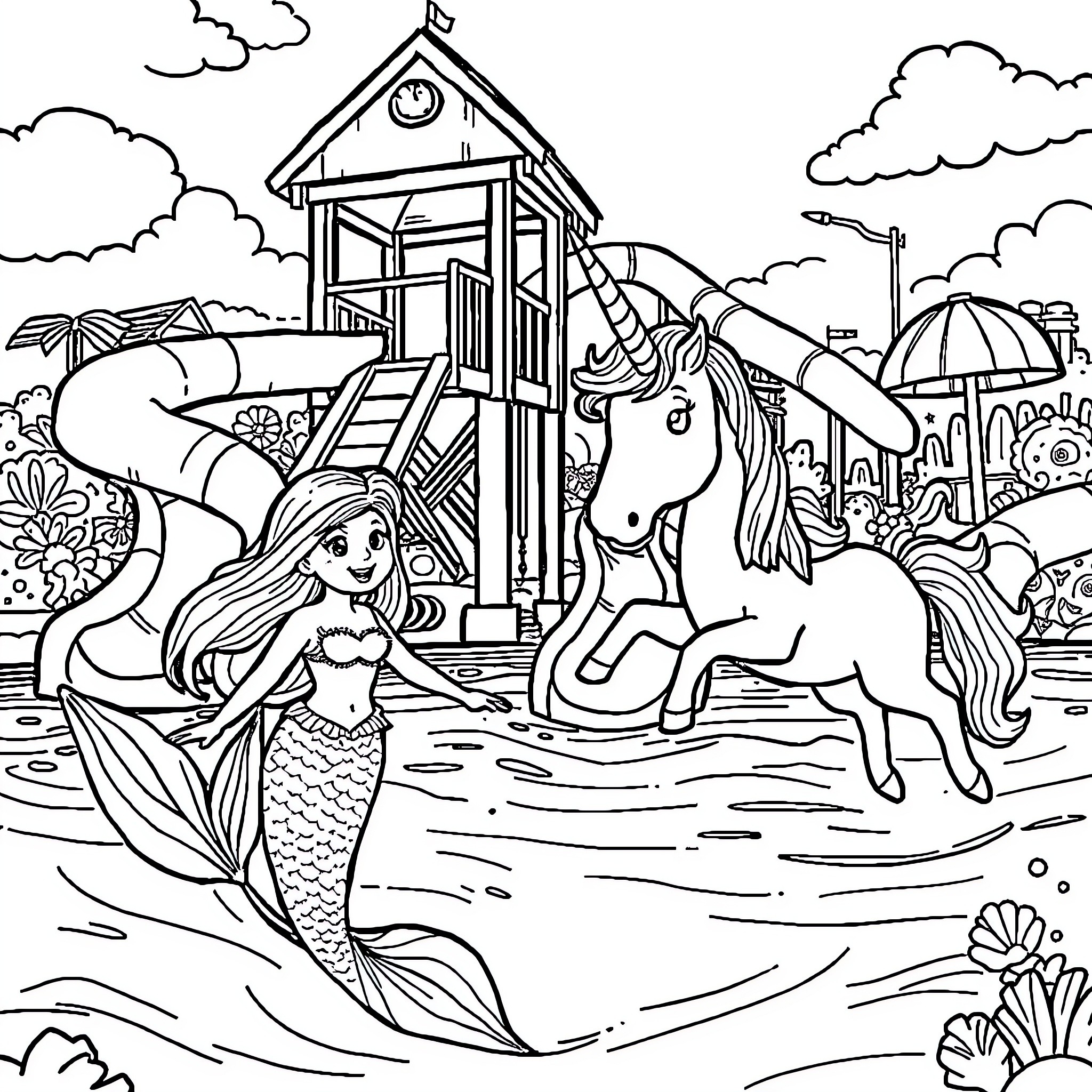 Mermaid playing with unicorn near the beach hut Coloring Page (free black-and-white line drawing printable PDF for all, from beginners to advanced learners, including children, teens, adults, and seniors)