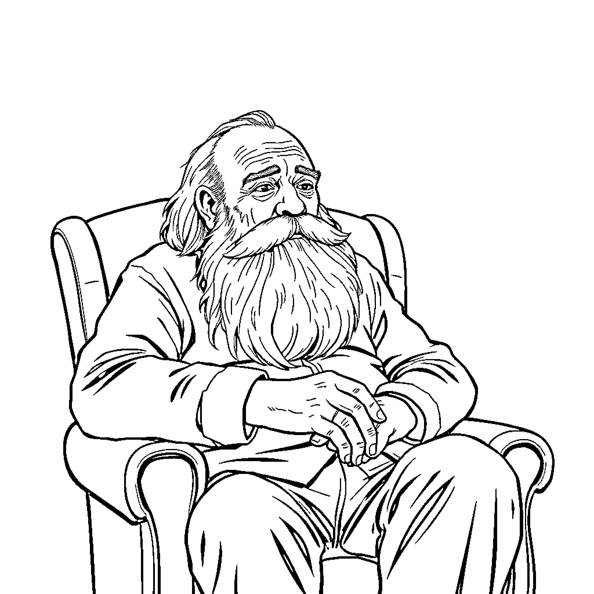 Man with long beard resting in armchair Coloring Page (free black-and-white line drawing printable PDF for all, from beginners to advanced learners, including children, teens, adults, and seniors)
