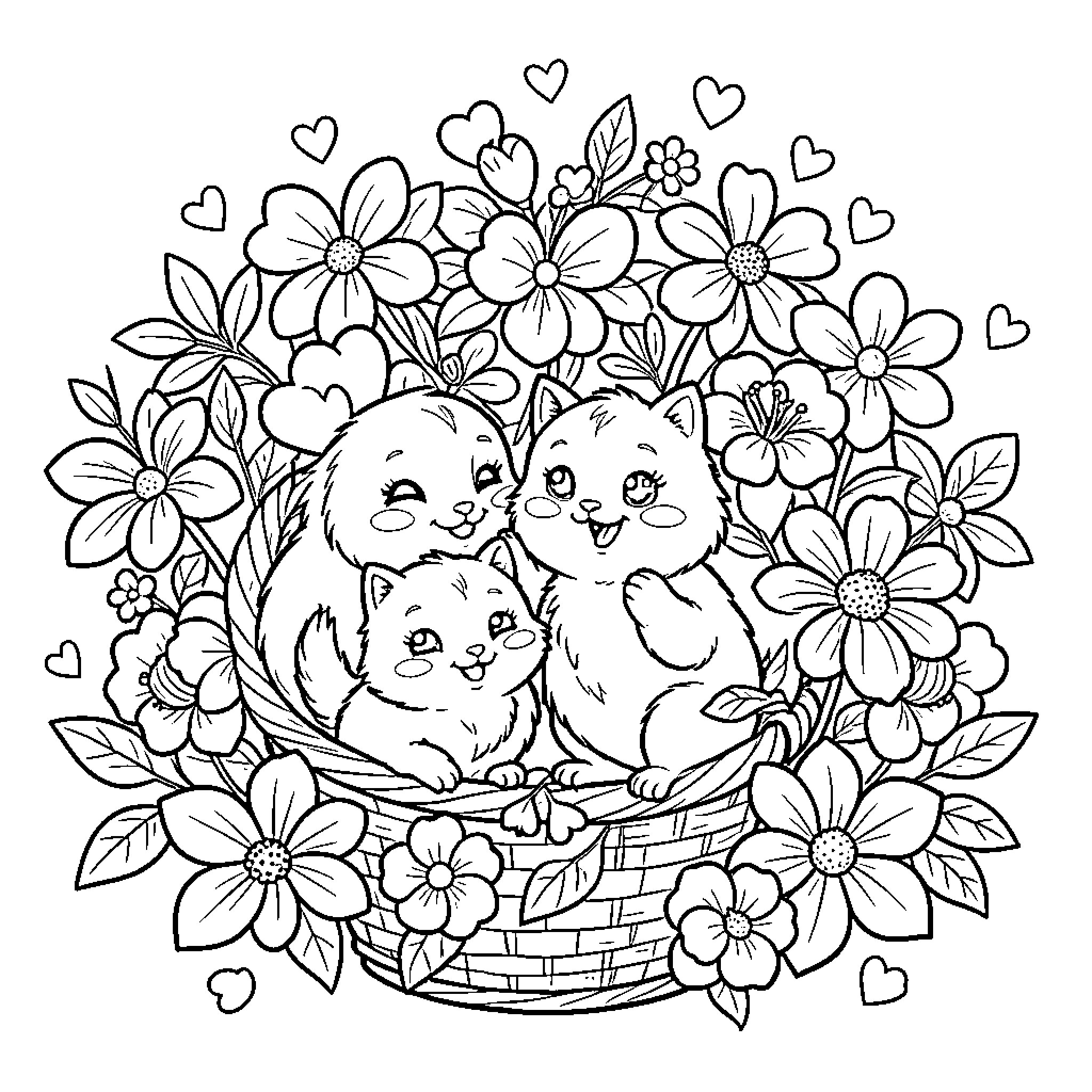 Cericita's floral basket of adorable kittens Coloring Page (free black-and-white line drawing printable PDF for all, from beginners to advanced learners, including children, teens, adults, and seniors)