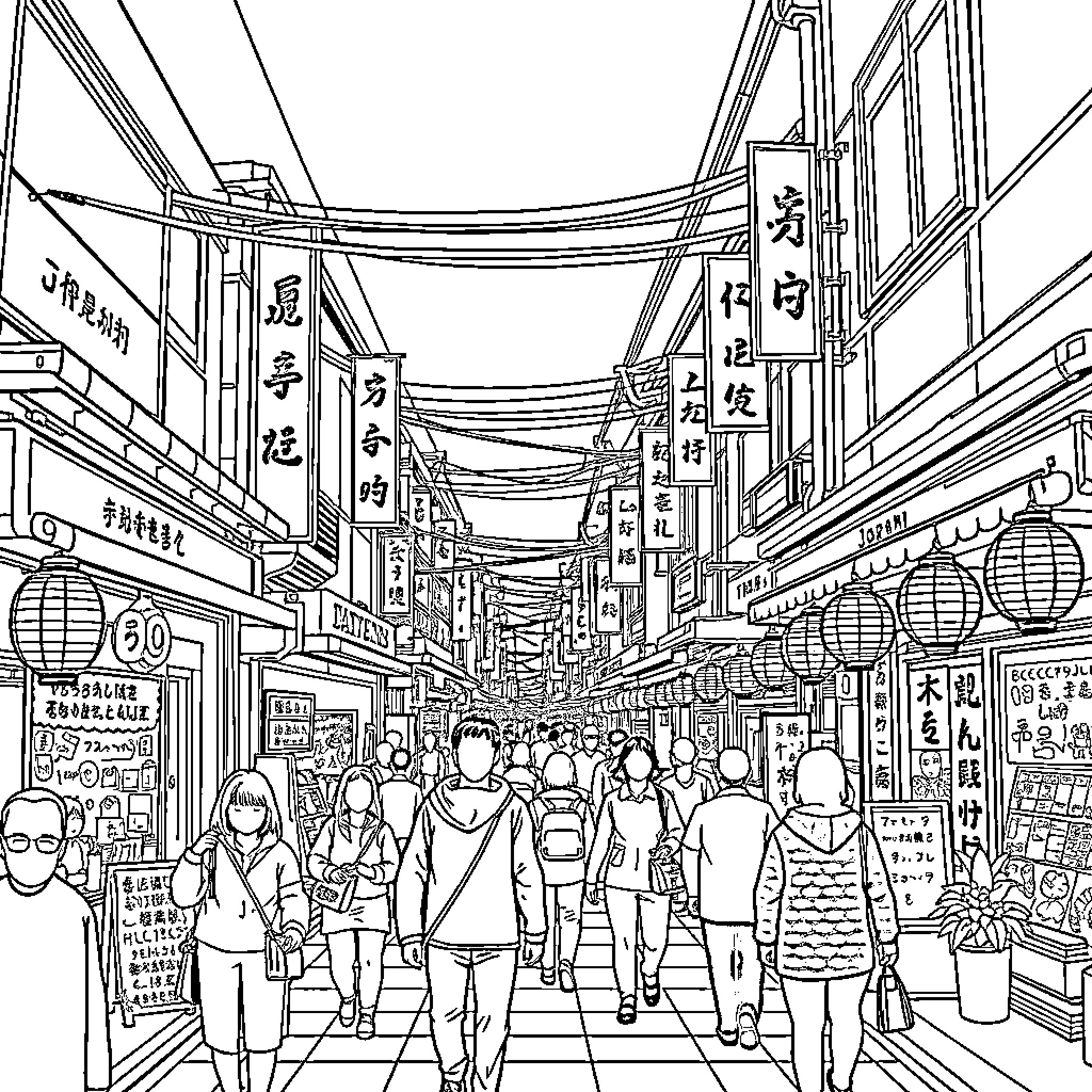 Street scene of a bustling Asian market with people Coloring Page (free black-and-white line drawing printable PDF for all, from beginners to advanced learners, including children, teens, adults, and seniors)