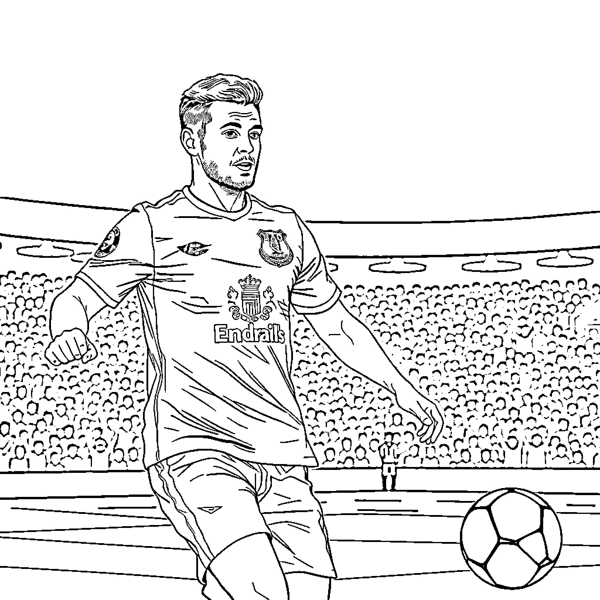 Jordan Clarke playing soccer in a stadium Coloring Page (free black-and-white line drawing printable PDF for all, from beginners to advanced learners, including children, teens, adults, and seniors)