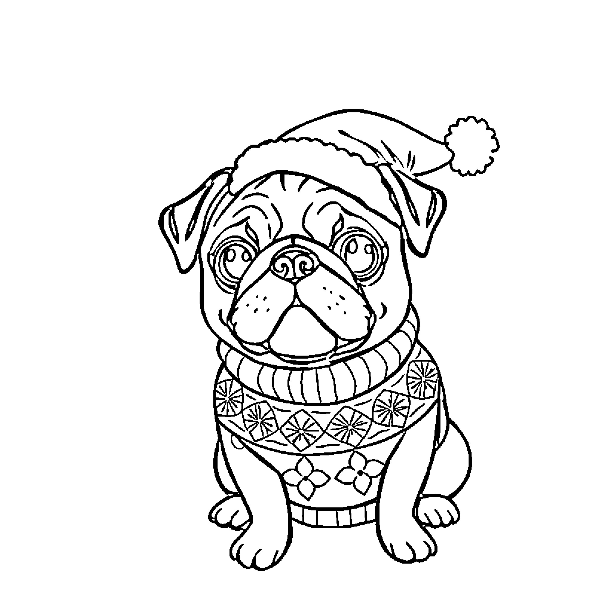 Pug wearing festive winter hat and scarf Coloring Page (free black-and-white line drawing printable PDF for all, from beginners to advanced learners, including children, teens, adults, and seniors)