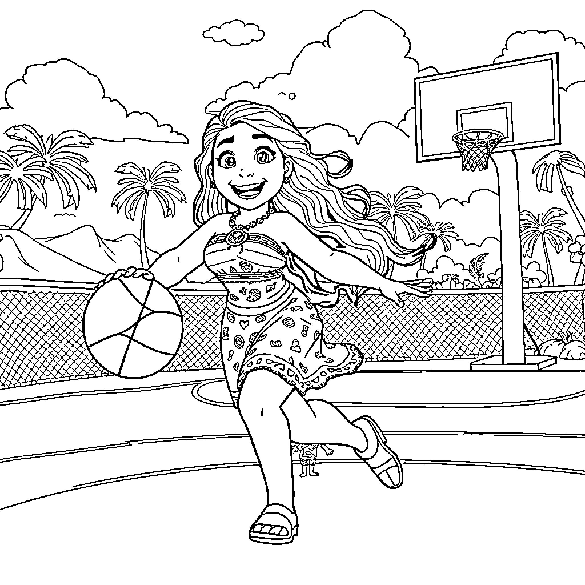 Moana playing basketball in a tropical setting Coloring Page (free black-and-white line drawing printable PDF for all, from beginners to advanced learners, including children, teens, adults, and seniors)