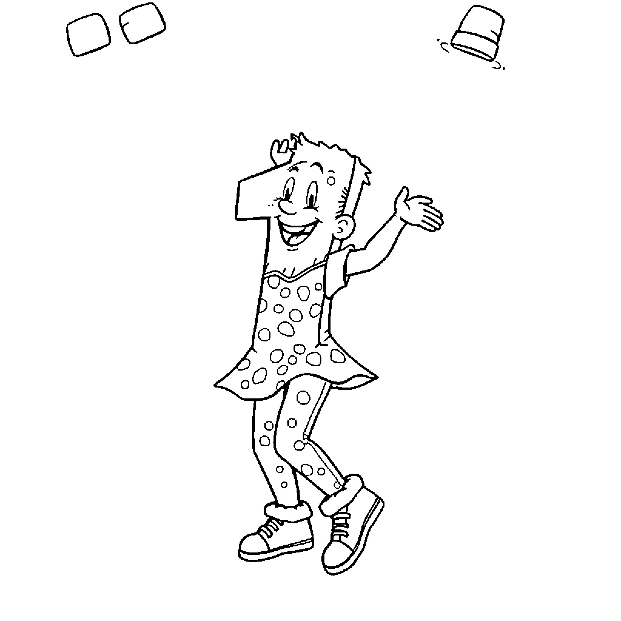 Number One Clown Figure Dancing Happily Coloring Page (free black-and-white line drawing printable PDF for all, from beginners to advanced learners, including children, teens, adults, and seniors)