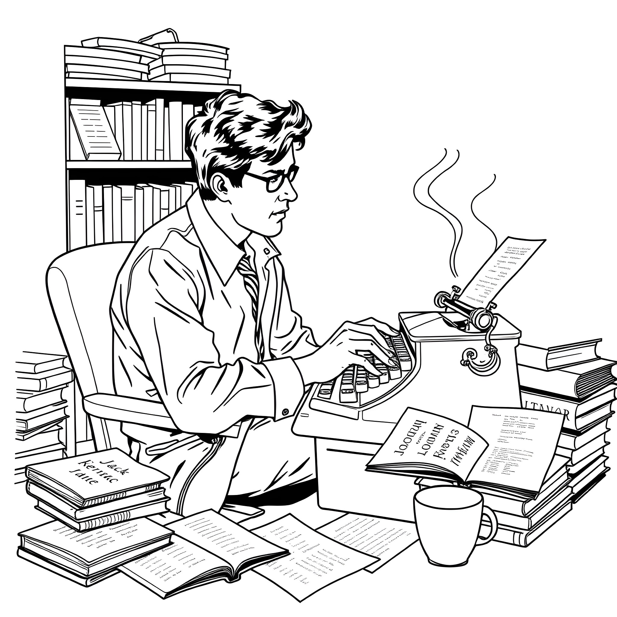 Jack Kerouac writing intently in his study Coloring Page (free black-and-white line drawing printable PDF for all, from beginners to advanced learners, including children, teens, adults, and seniors)