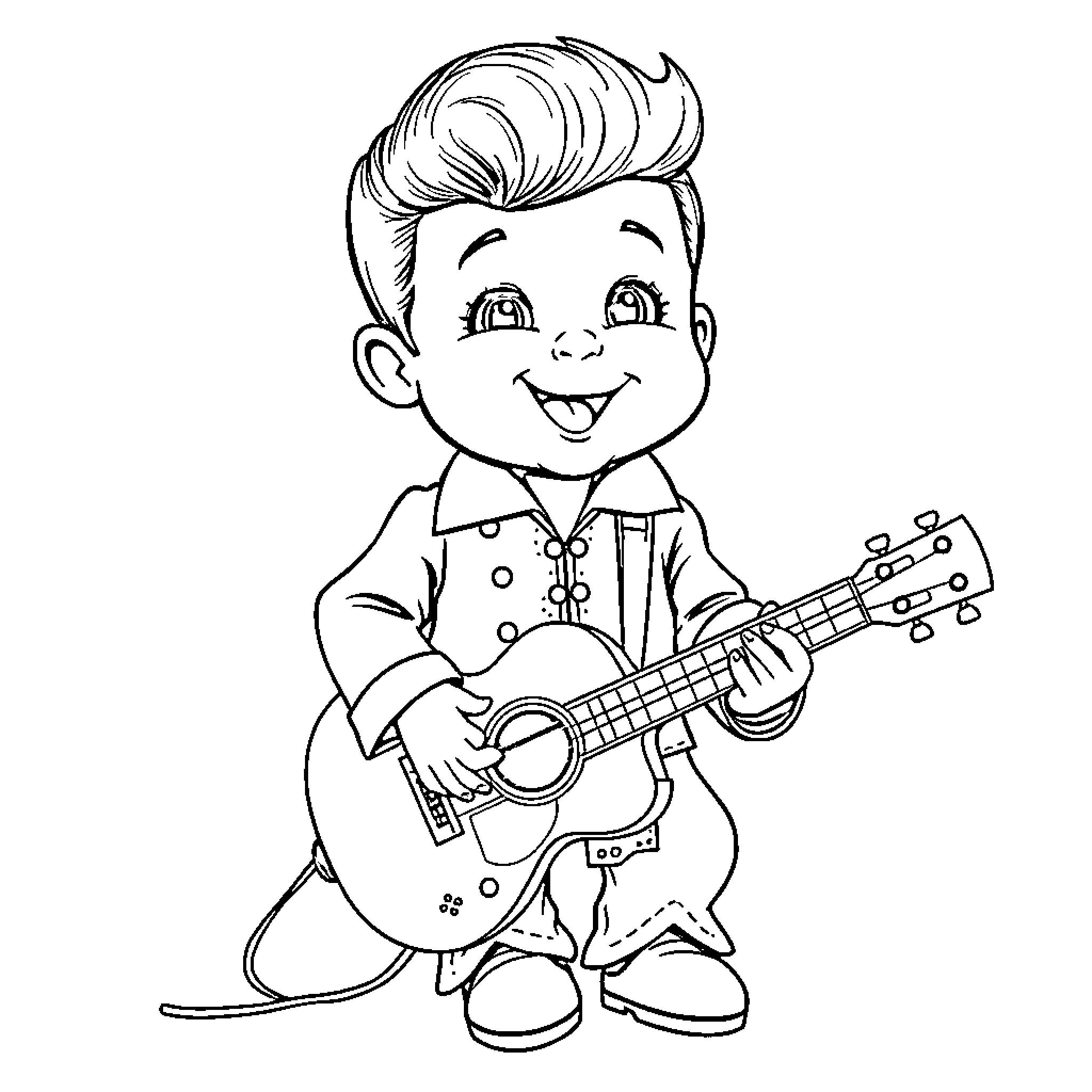 Elvis playing guitar with a cheerful expression Coloring Page (free black-and-white line drawing printable PDF for all, from beginners to advanced learners, including children, teens, adults, and seniors)