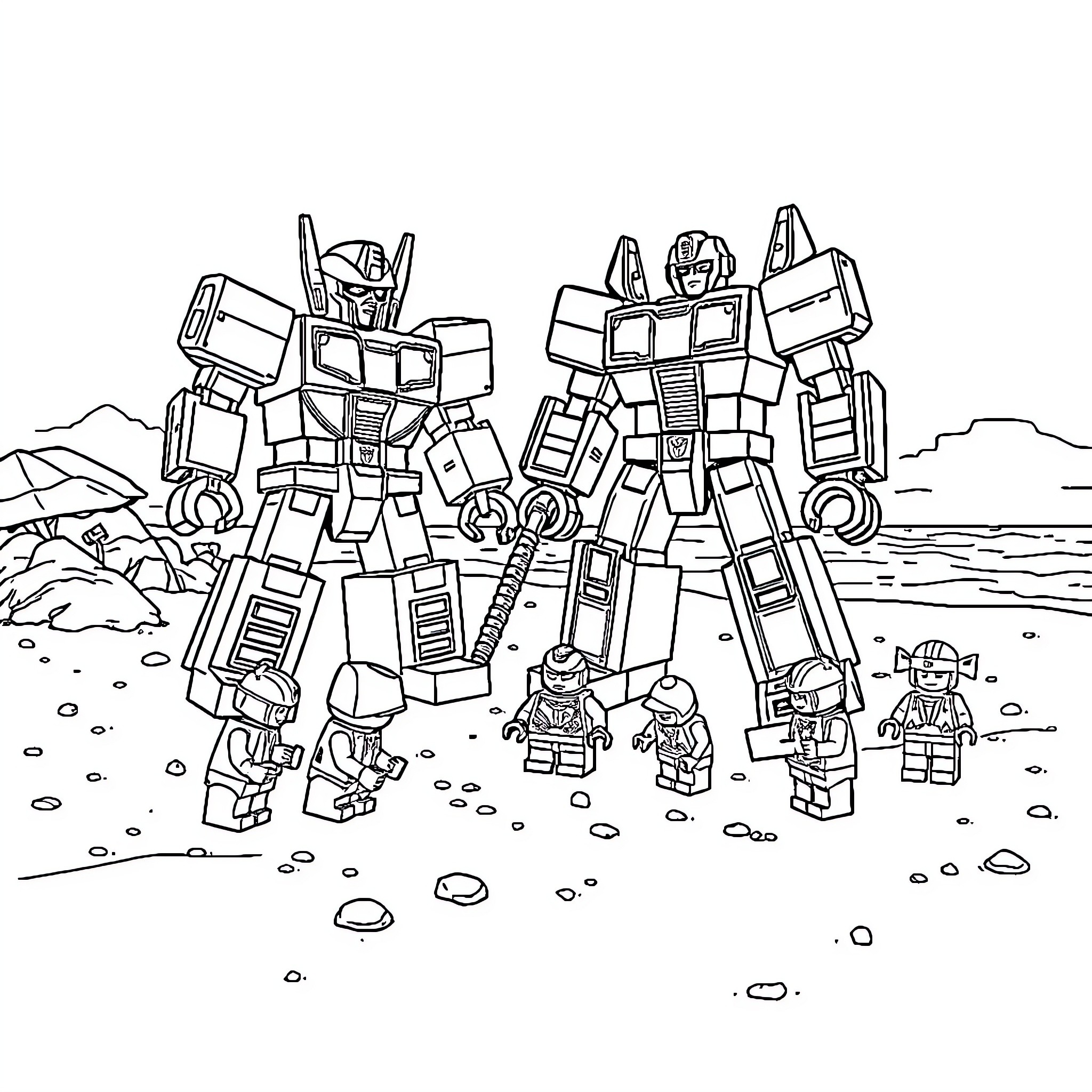 Lego robots exploring the desert landscape Coloring Page (free black-and-white line drawing printable PDF for all, from beginners to advanced learners, including children, teens, adults, and seniors)
