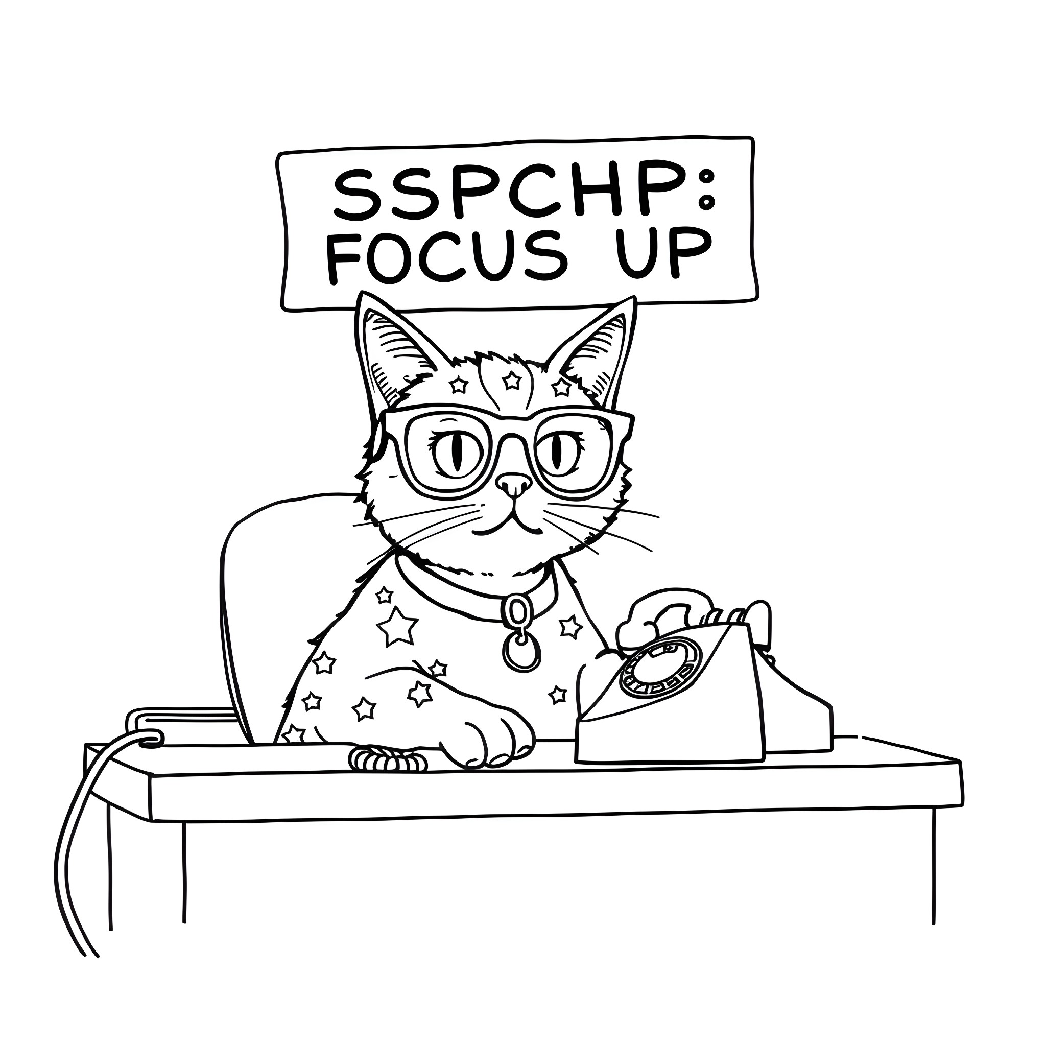 Pussycat at Work Focusing on the Task Coloring Page (free black-and-white line drawing printable PDF for all, from beginners to advanced learners, including children, teens, adults, and seniors)