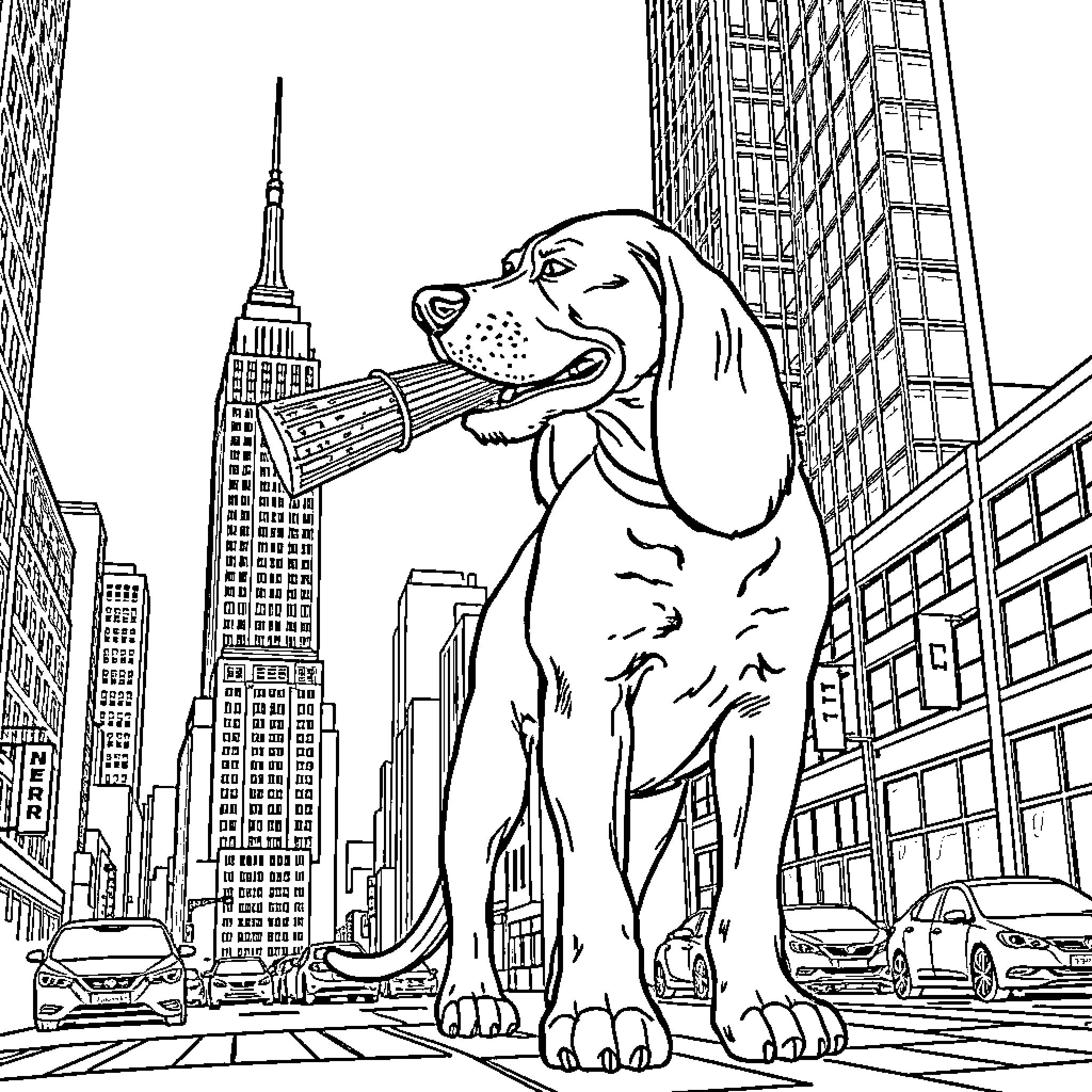 Hound Dog Roaring in the Big City Coloring Page (free black-and-white line drawing printable PDF for all, from beginners to advanced learners, including children, teens, adults, and seniors)