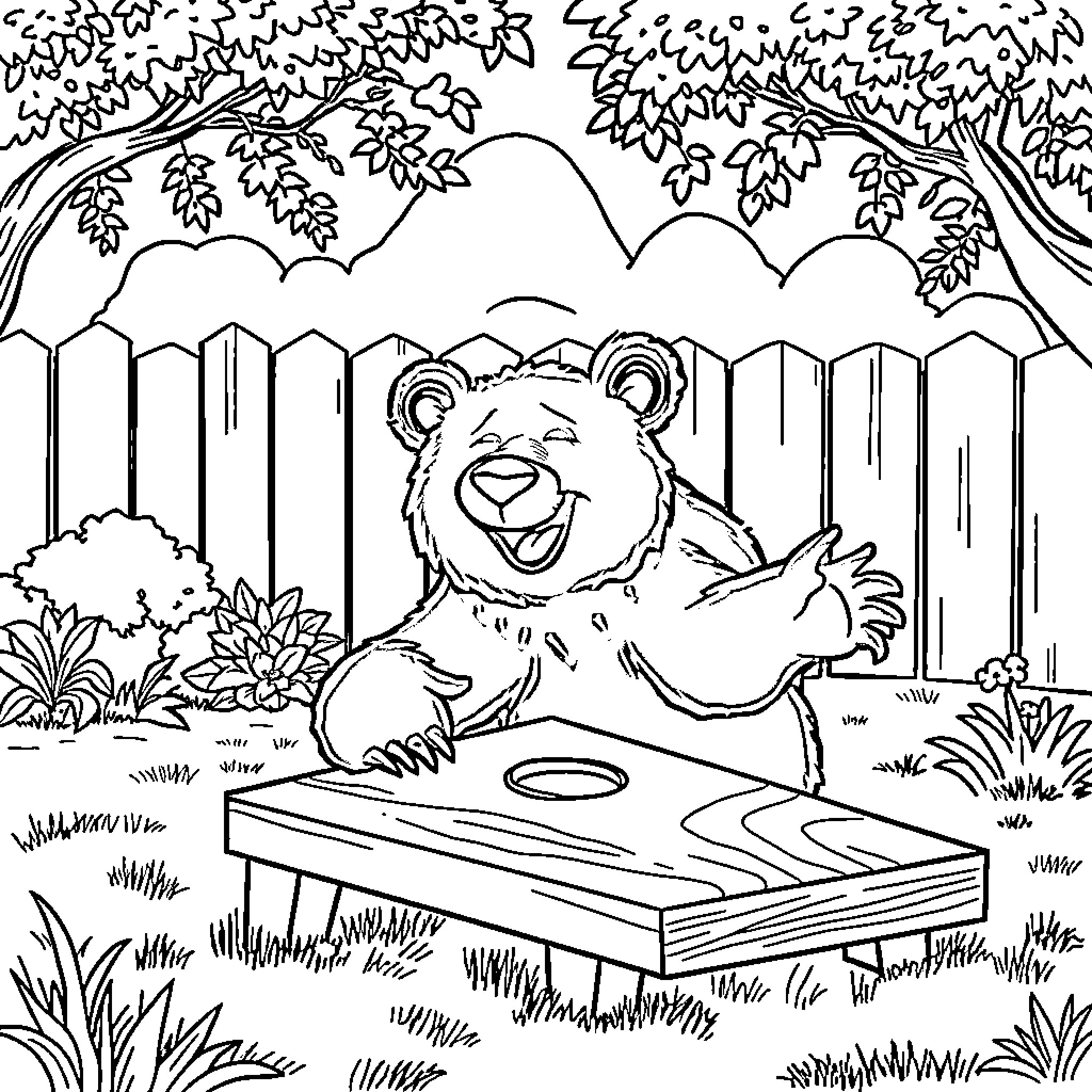 Bear playing cheerfully in the forest Coloring Page (free black-and-white line drawing printable PDF for all, from beginners to advanced learners, including children, teens, adults, and seniors)
