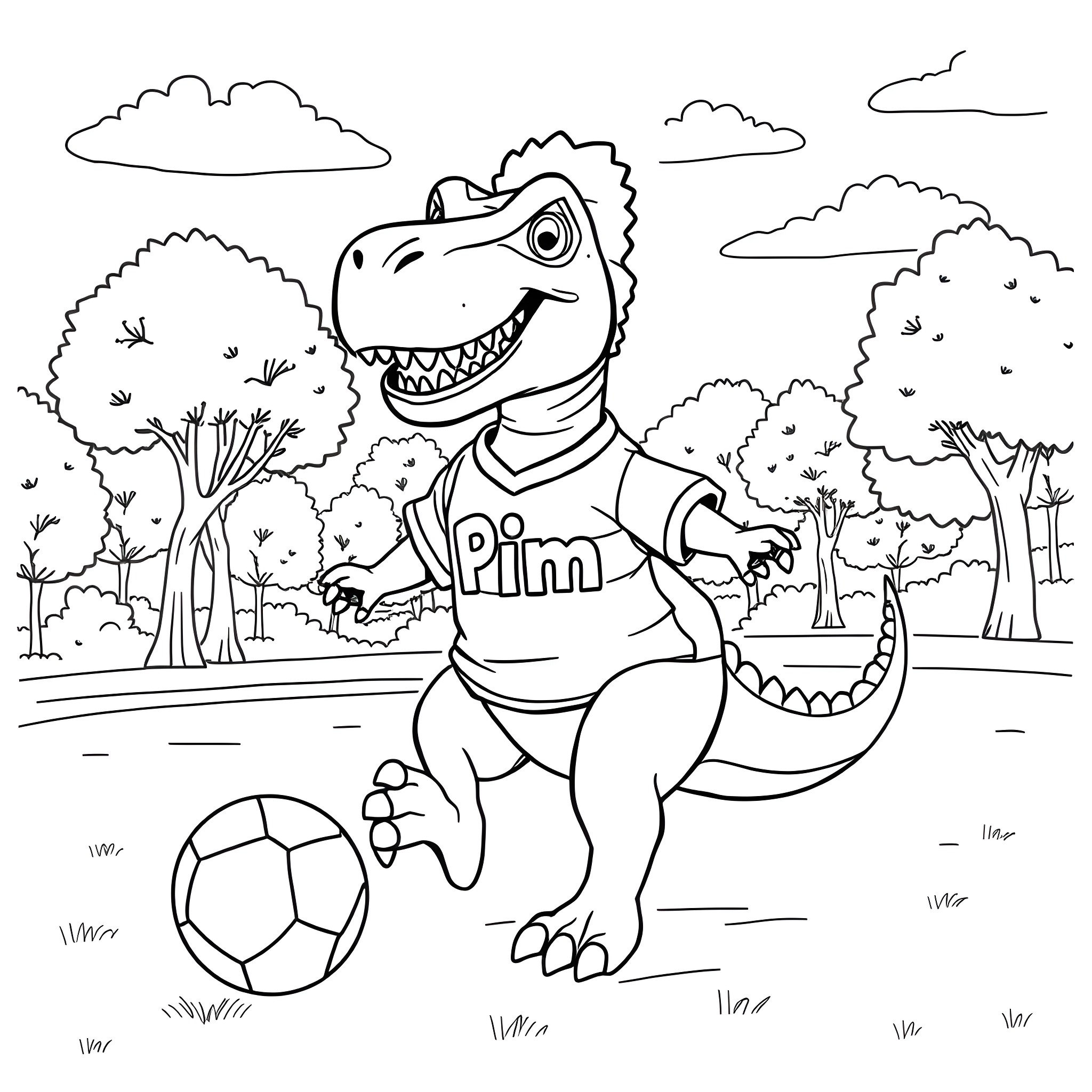 Dinosaur playing soccer in the park Coloring Page (free black-and-white line drawing printable PDF for all, from beginners to advanced learners, including children, teens, adults, and seniors)