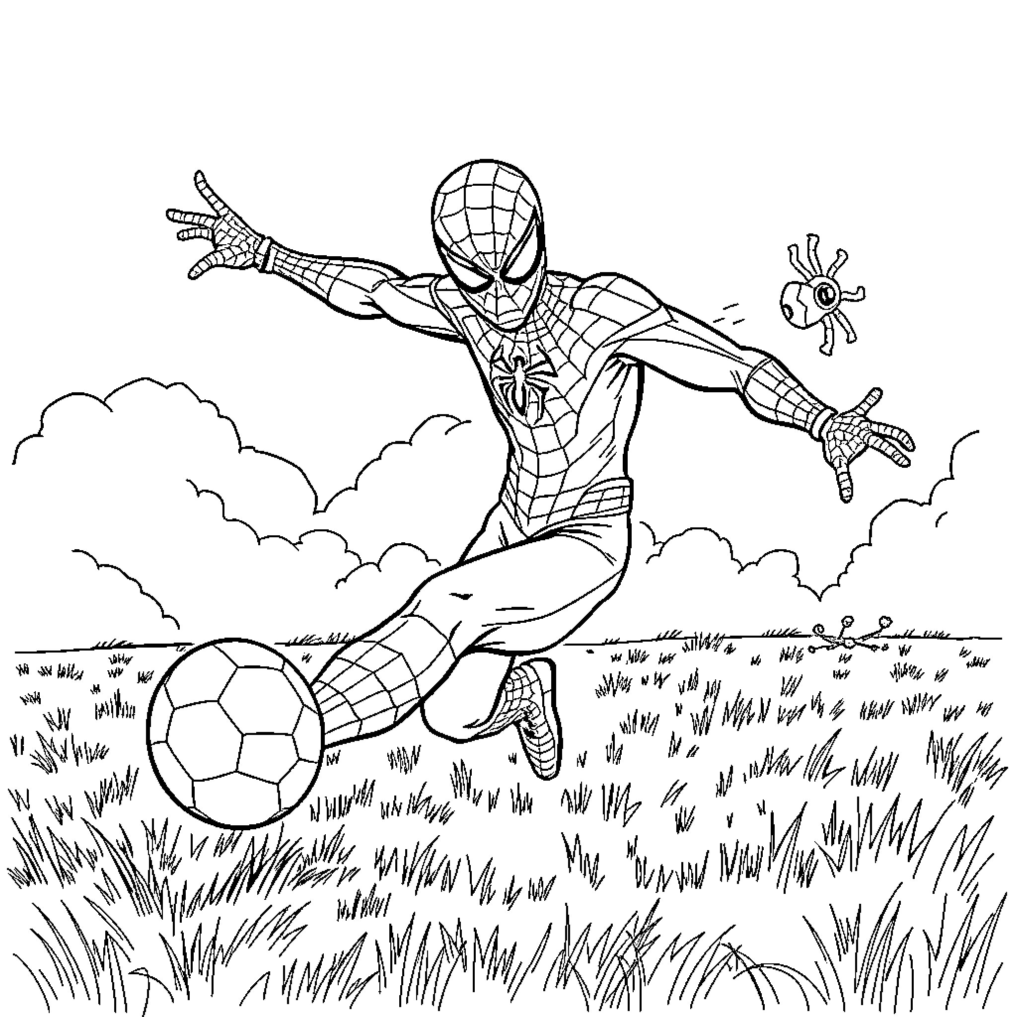 Spiderman kicking a soccer ball in a field Coloring Page (free black-and-white line drawing printable PDF for all, from beginners to advanced learners, including children, teens, adults, and seniors)