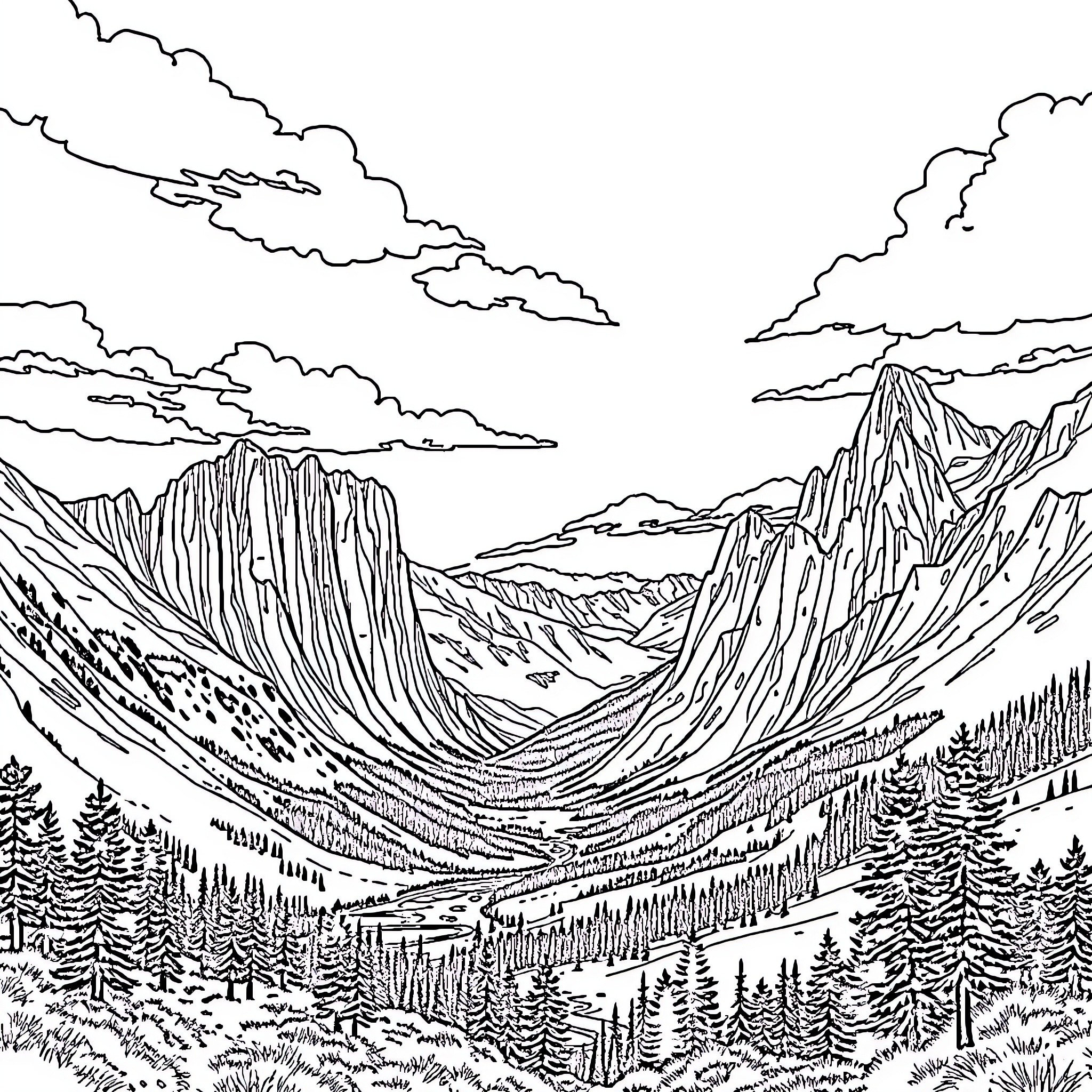Eagle soaring over majestic mountain landscape Coloring Page (free black-and-white line drawing printable PDF for all, from beginners to advanced learners, including children, teens, adults, and seniors)