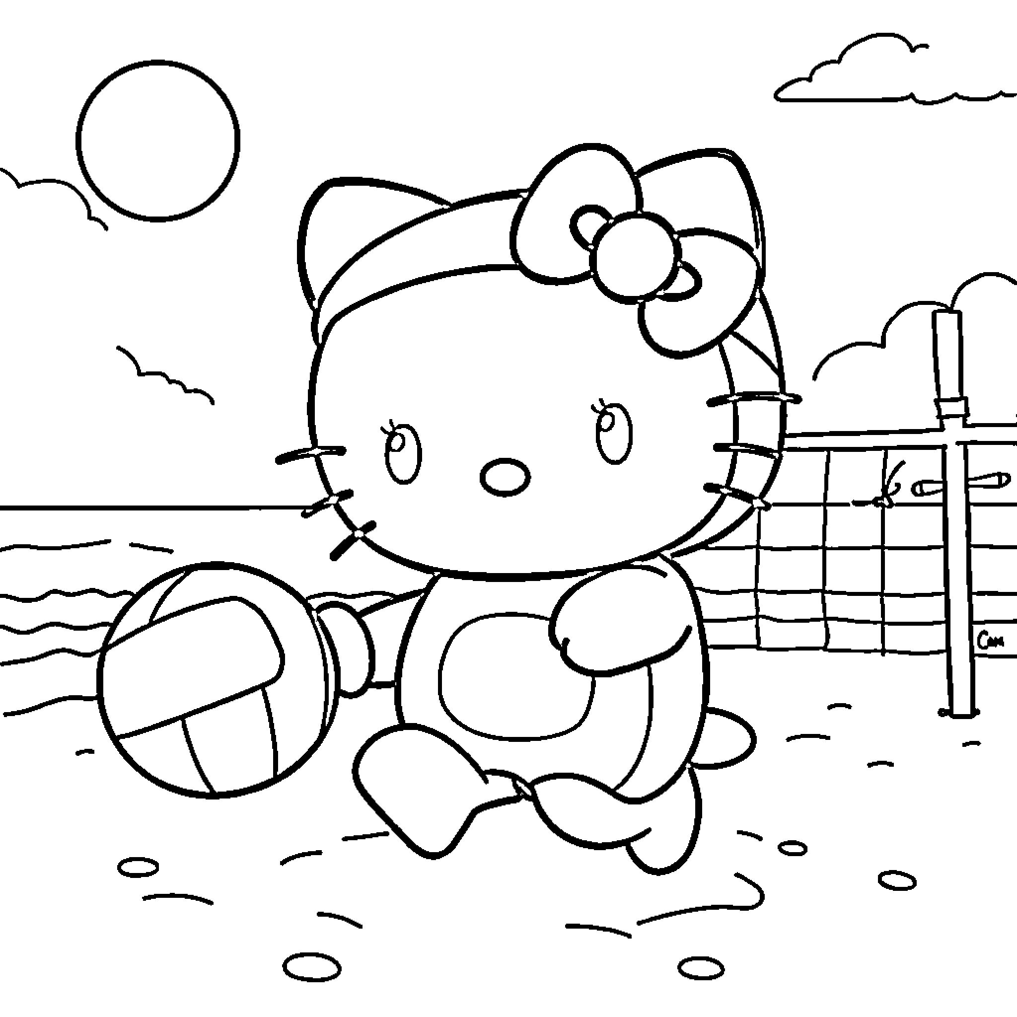 Cinnamon Roll Hello Kitty playing with beach ball on the shore Coloring Page (free black-and-white line drawing printable PDF for all, from beginners to advanced learners, including children, teens, adults, and seniors)