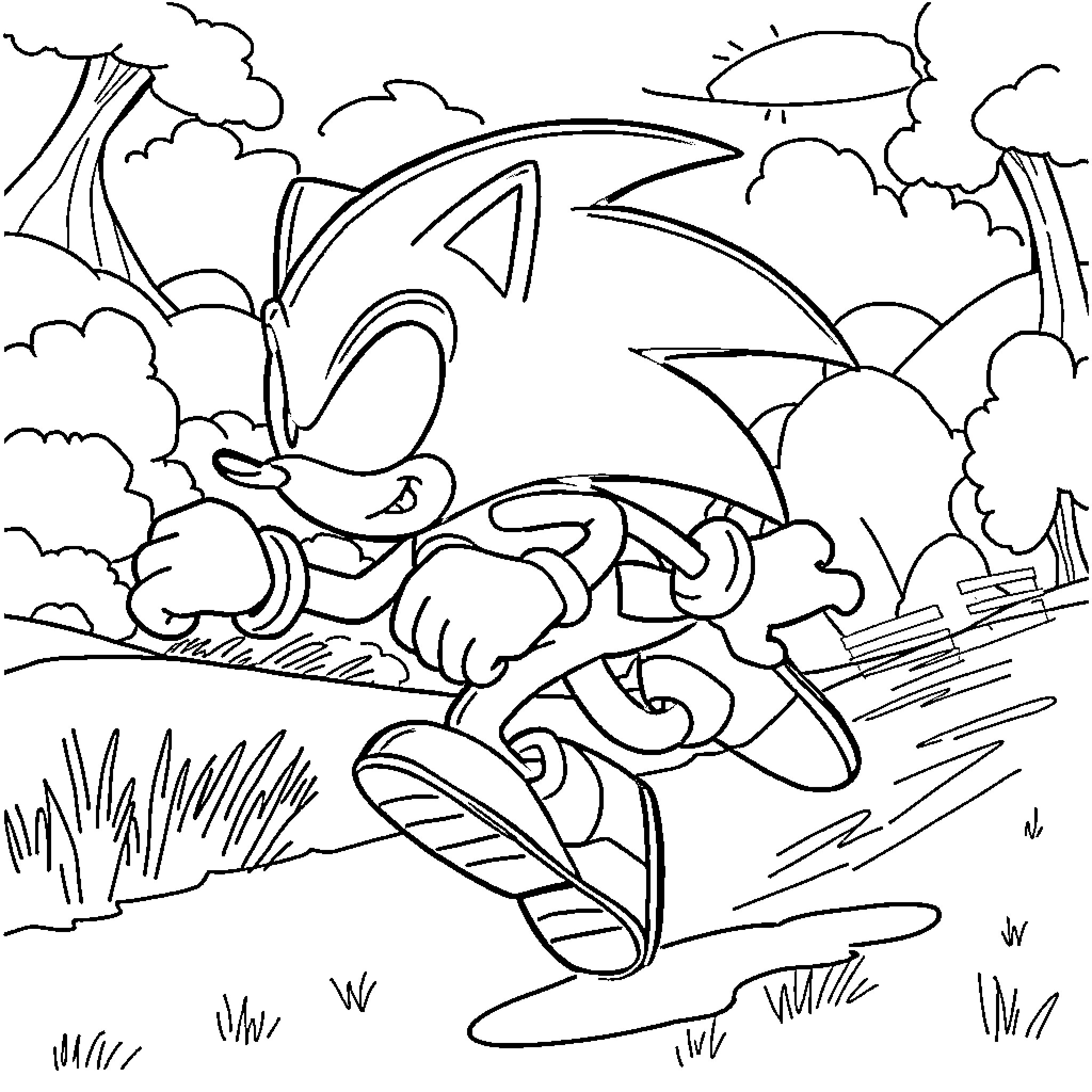Sonic the Hedgehog racing through a scenic landscape Coloring Page (free black-and-white line drawing printable PDF for all, from beginners to advanced learners, including children, teens, adults, and seniors)