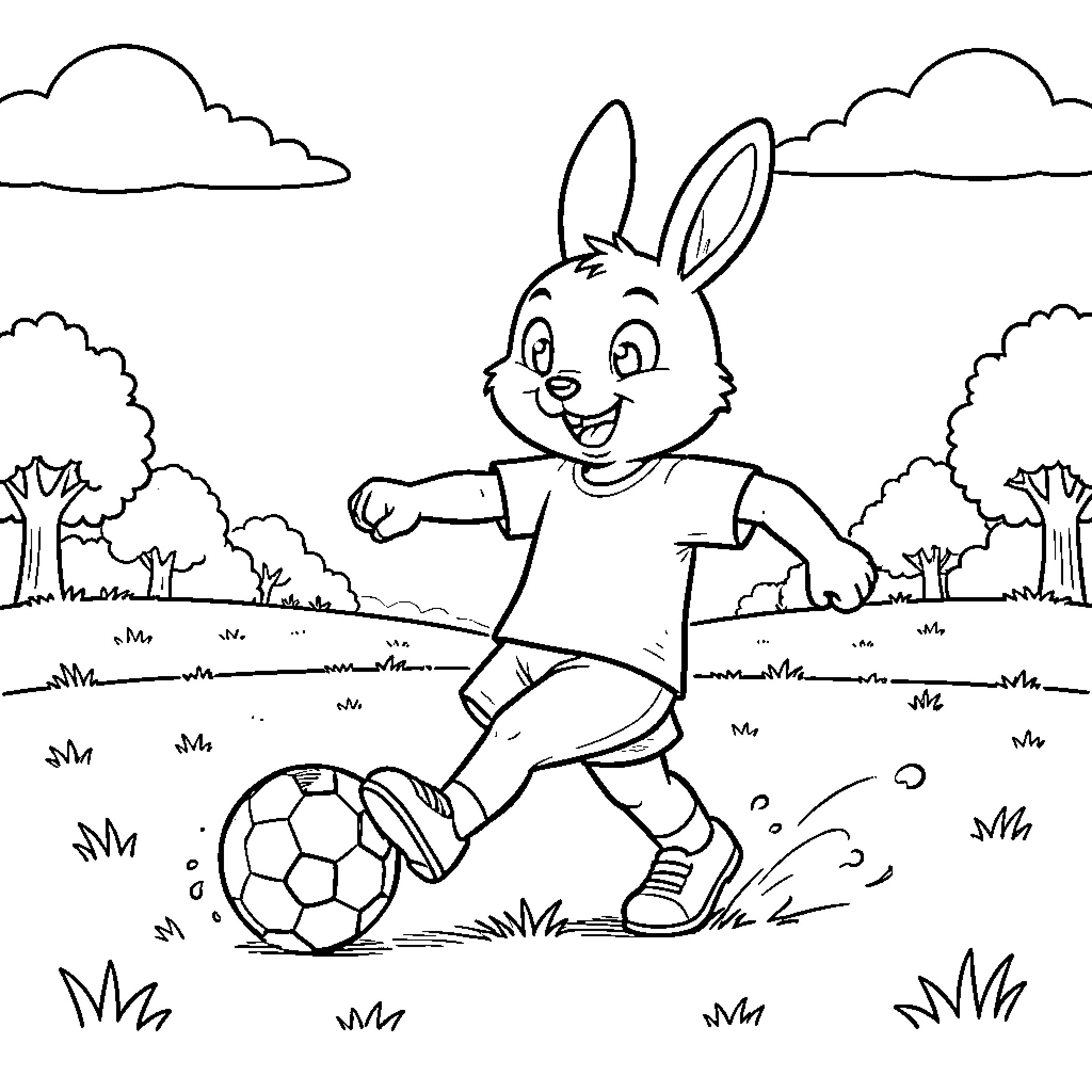 Simon Rabbit playing soccer in a grassy field Coloring Page (free black-and-white line drawing printable PDF for all, from beginners to advanced learners, including children, teens, adults, and seniors)