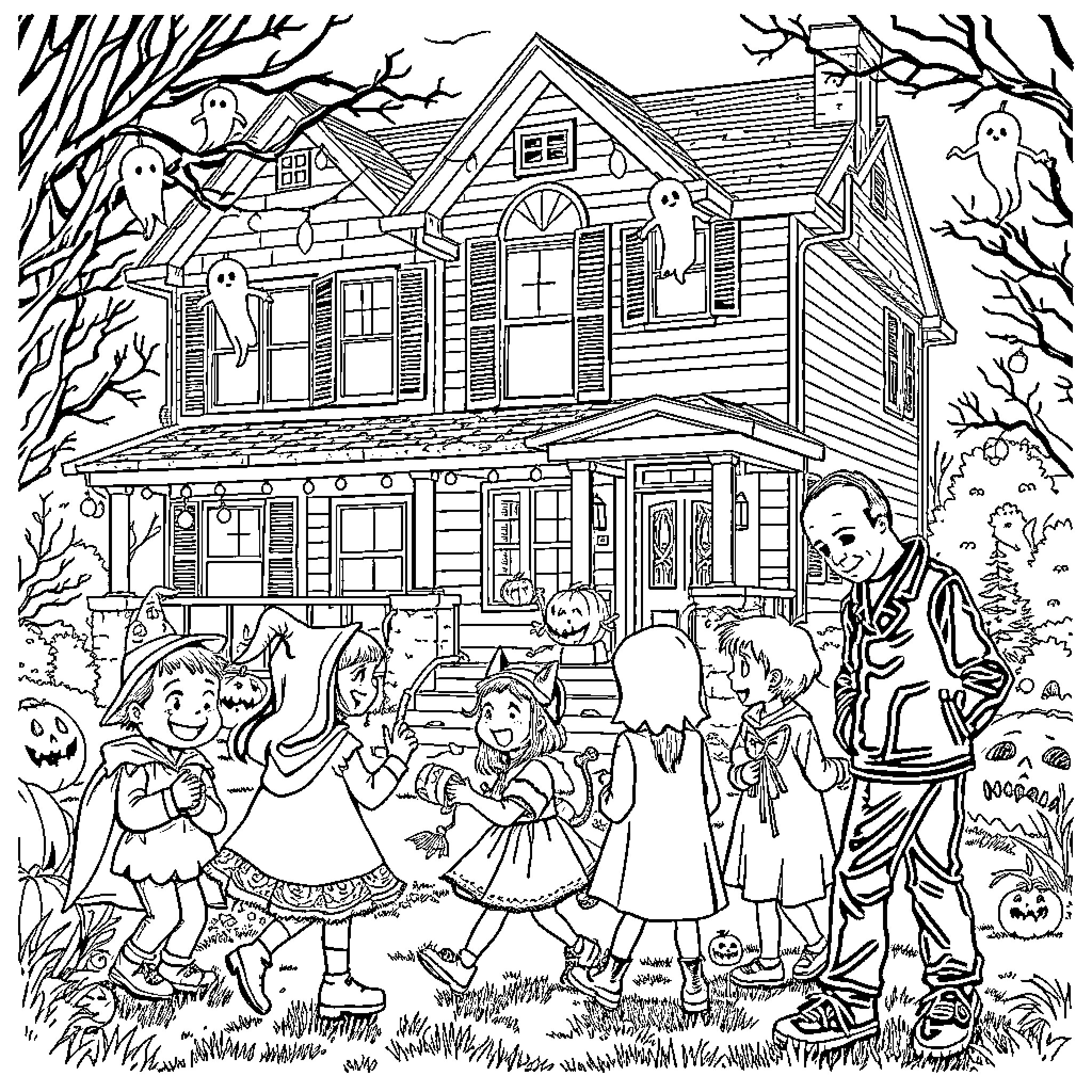 Kid's Halloween Party at Haunted House Coloring Page (free black-and-white line drawing printable PDF for all, from beginners to advanced learners, including children, teens, adults, and seniors)