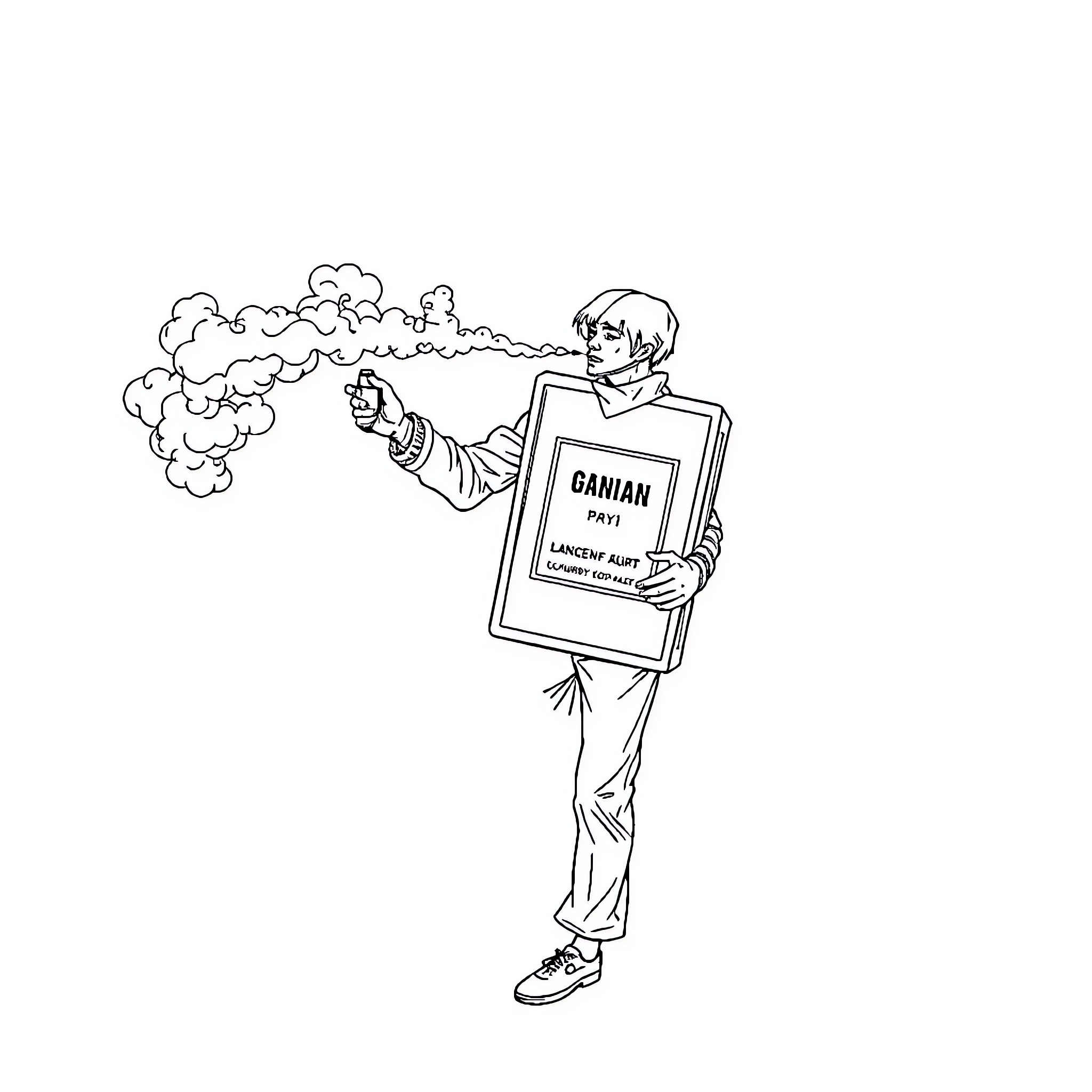 Man holding 'Damian' sign and smoking Coloring Page (free black-and-white line drawing printable PDF for all, from beginners to advanced learners, including children, teens, adults, and seniors)