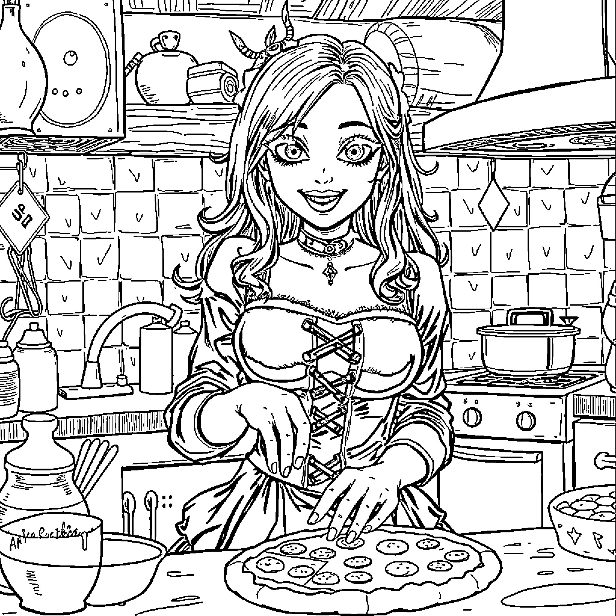 Goth Girl Baking Cookies in the Kitchen Coloring Page (free black-and-white line drawing printable PDF for all, from beginners to advanced learners, including children, teens, adults, and seniors)