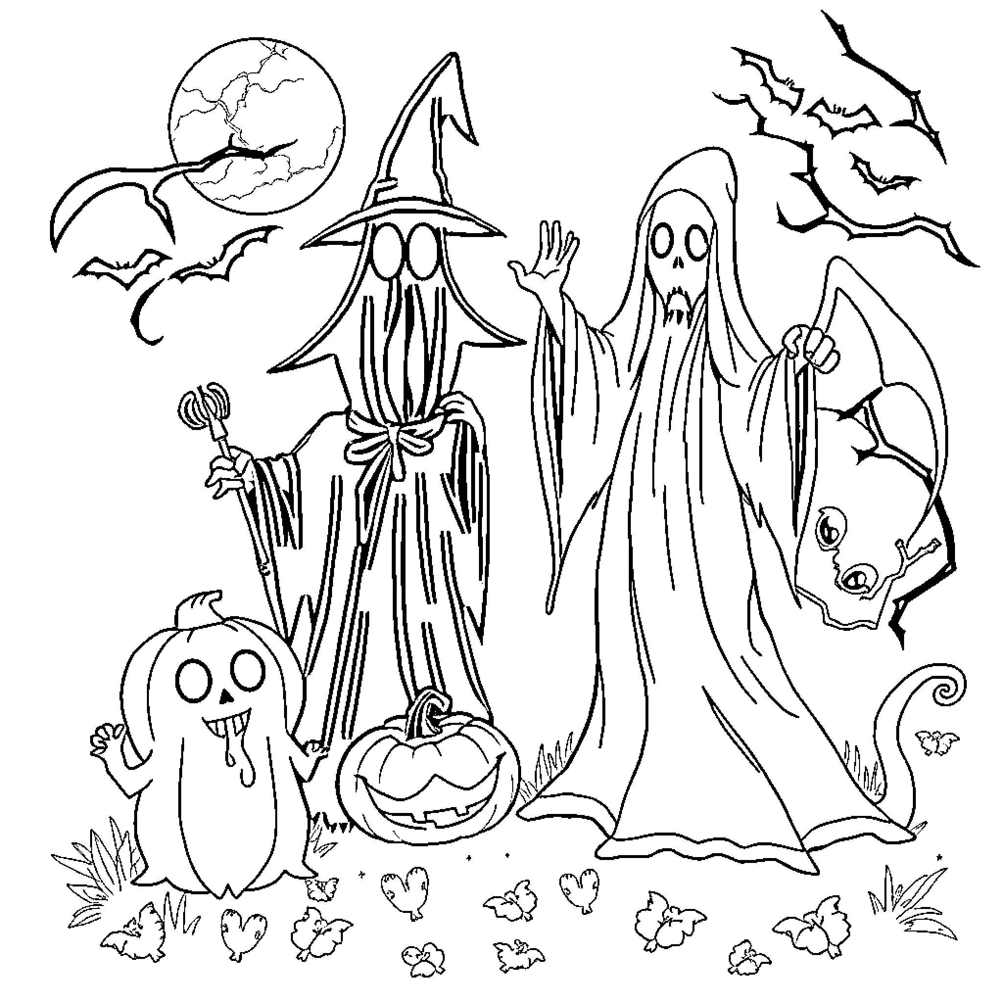 Halloween Spooky Figures and Scenes Coloring Page (free black-and-white line drawing printable PDF for all, from beginners to advanced learners, including children, teens, adults, and seniors)