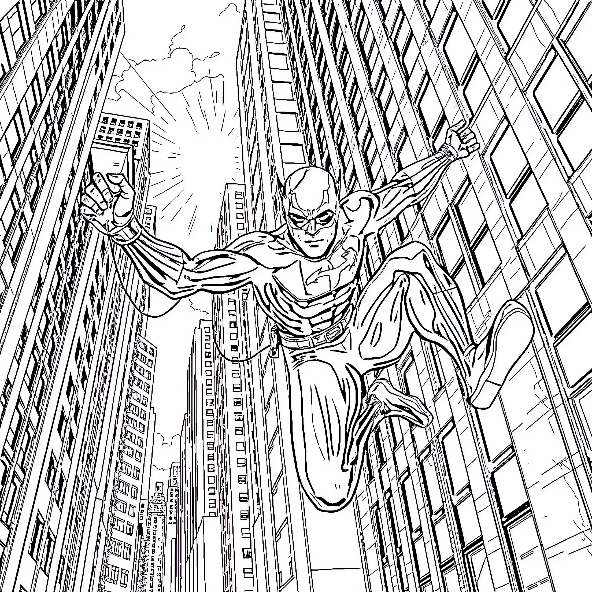 Daredevil's Daring Leap Through the City Skyline Coloring Page (free black-and-white line drawing printable PDF for all, from beginners to advanced learners, including children, teens, adults, and seniors)