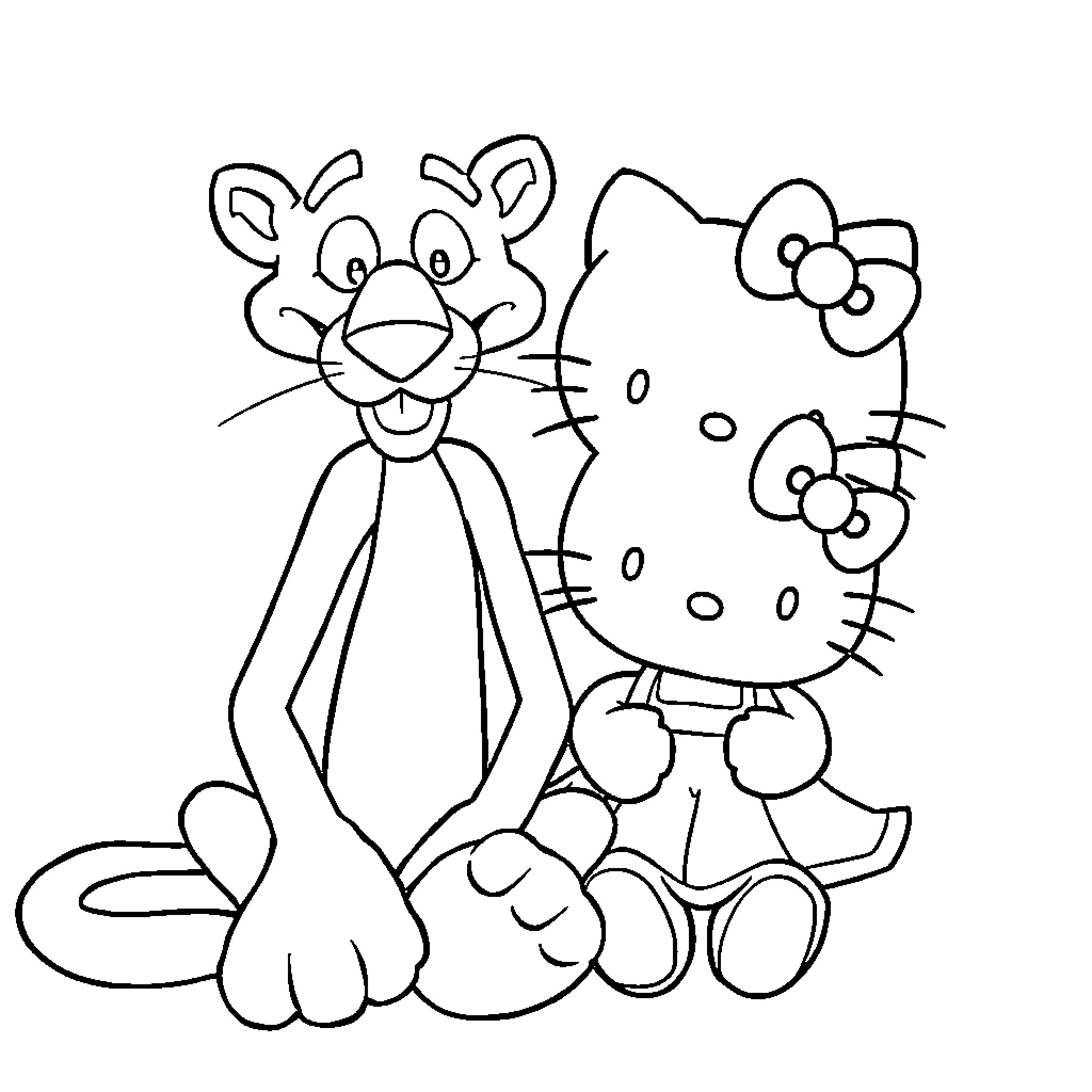 Panther and Kitty in Playful Poses Coloring Page (free black-and-white line drawing printable PDF for all, from beginners to advanced learners, including children, teens, adults, and seniors)