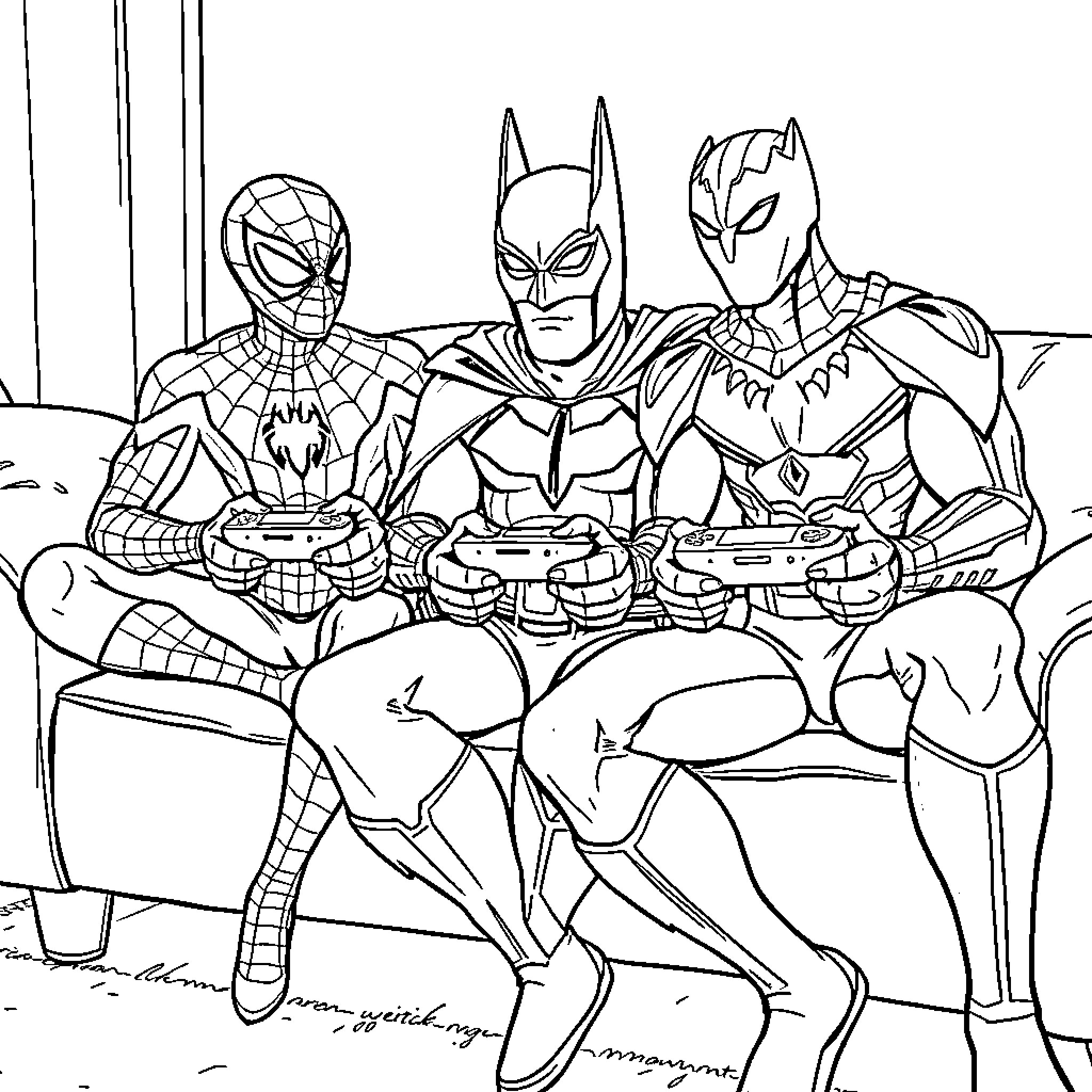 Superhero team assembling for action Coloring Page (free black-and-white line drawing printable PDF for all, from beginners to advanced learners, including children, teens, adults, and seniors)