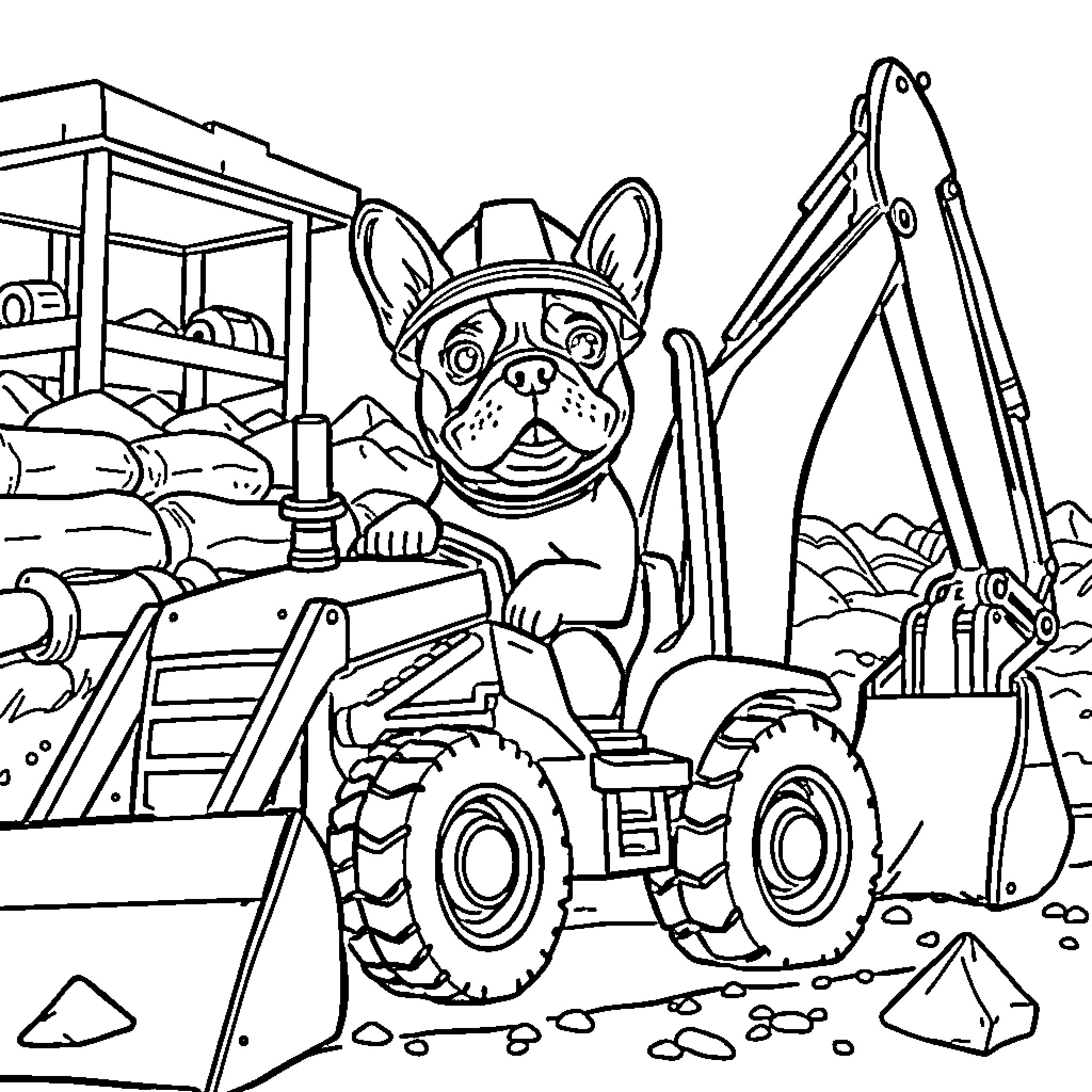 Boston Terrier Operates Heavy Machinery on Construction Site Coloring Page (free black-and-white line drawing printable PDF for all, from beginners to advanced learners, including children, teens, adults, and seniors)