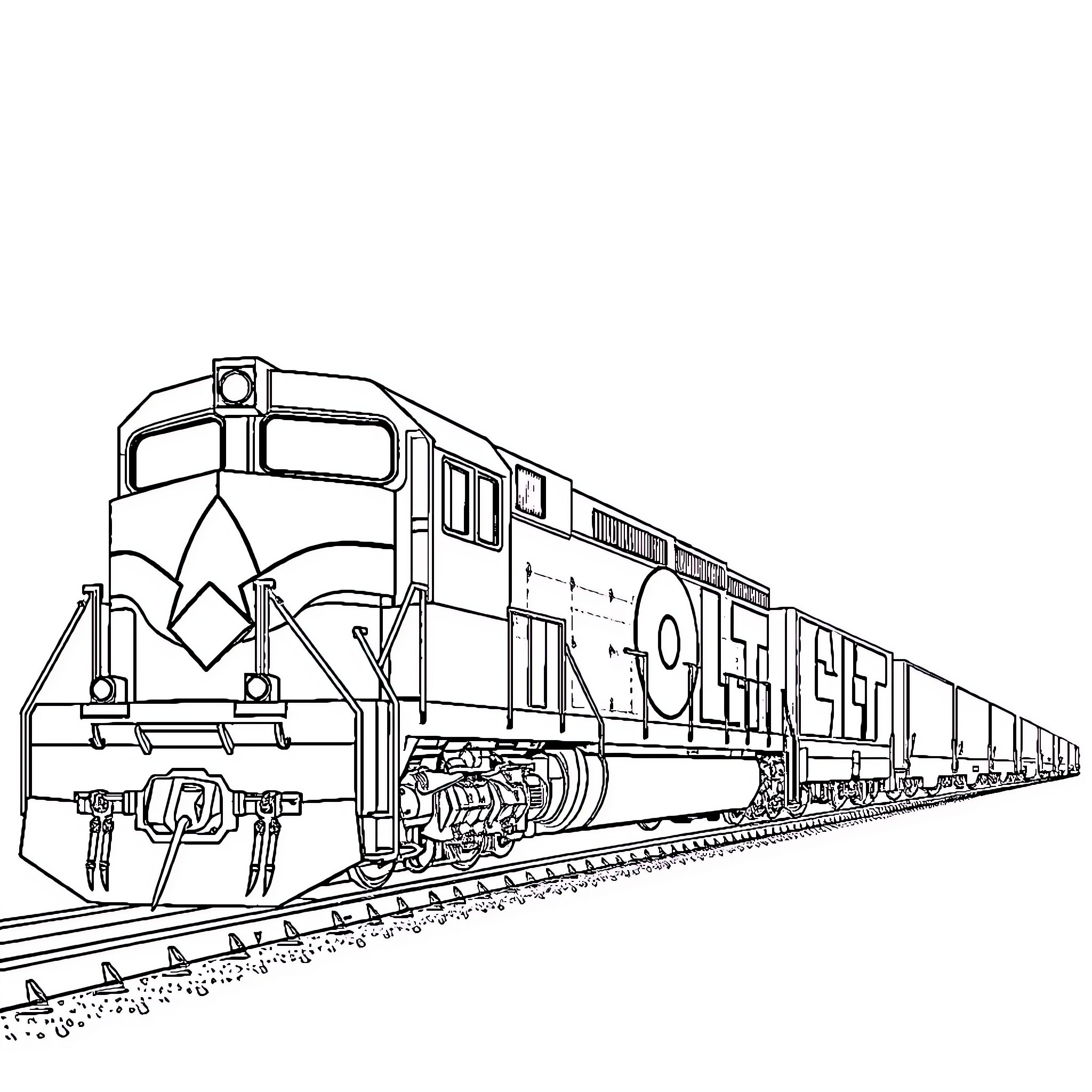 Freight Train Carrying Heavy Load on Tracks Coloring Page (free black-and-white line drawing printable PDF for all, from beginners to advanced learners, including children, teens, adults, and seniors)