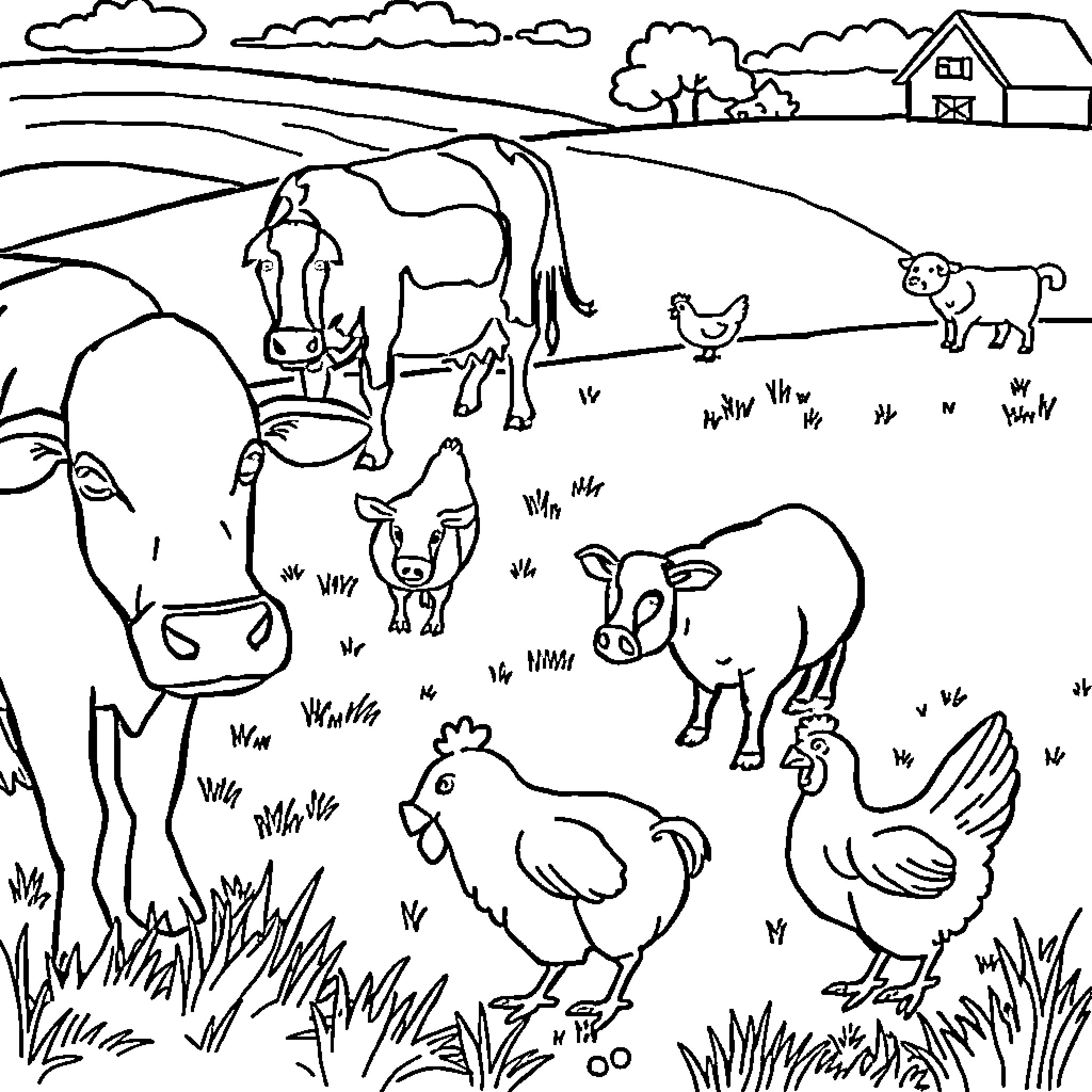 Farm Animals on the Countryside Pasture Coloring Page (free black-and-white line drawing printable PDF for all, from beginners to advanced learners, including children, teens, adults, and seniors)