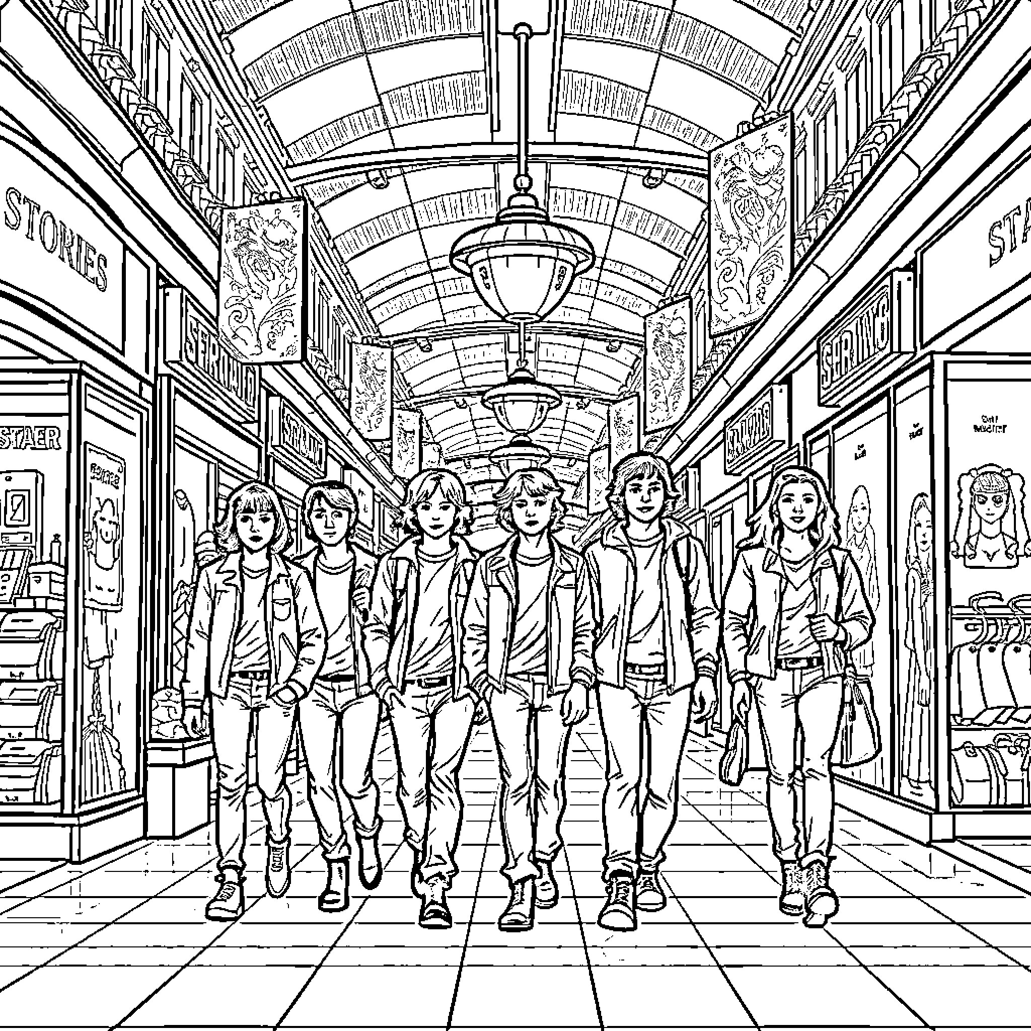 Stranger Things: Group of Characters Walking in a Retro-Styled Hallway Coloring Page (free black-and-white line drawing printable PDF for all, from beginners to advanced learners, including children, teens, adults, and seniors)