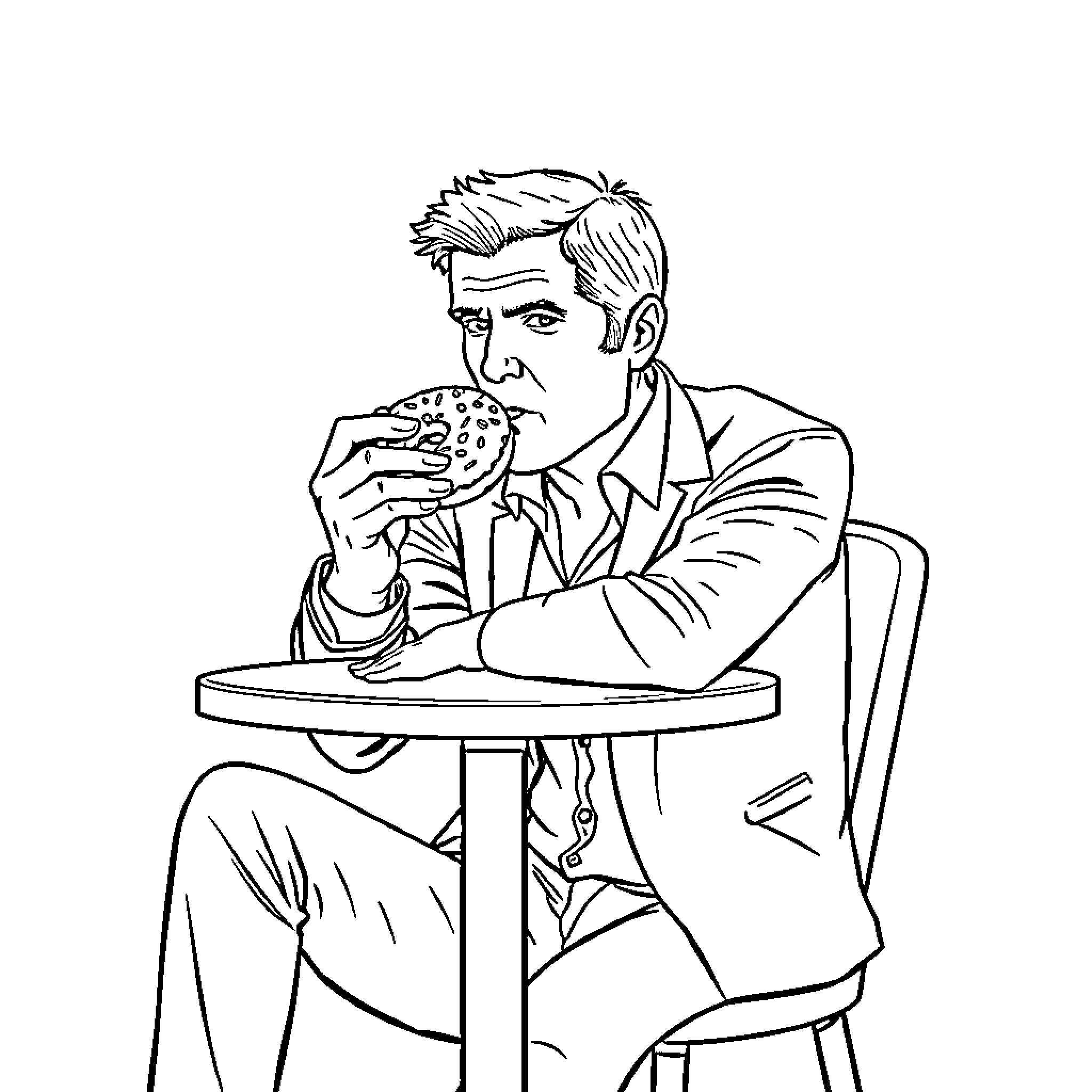 Dexter Morgan enjoying a meal in a casual setting Coloring Page (free black-and-white line drawing printable PDF for all, from beginners to advanced learners, including children, teens, adults, and seniors)