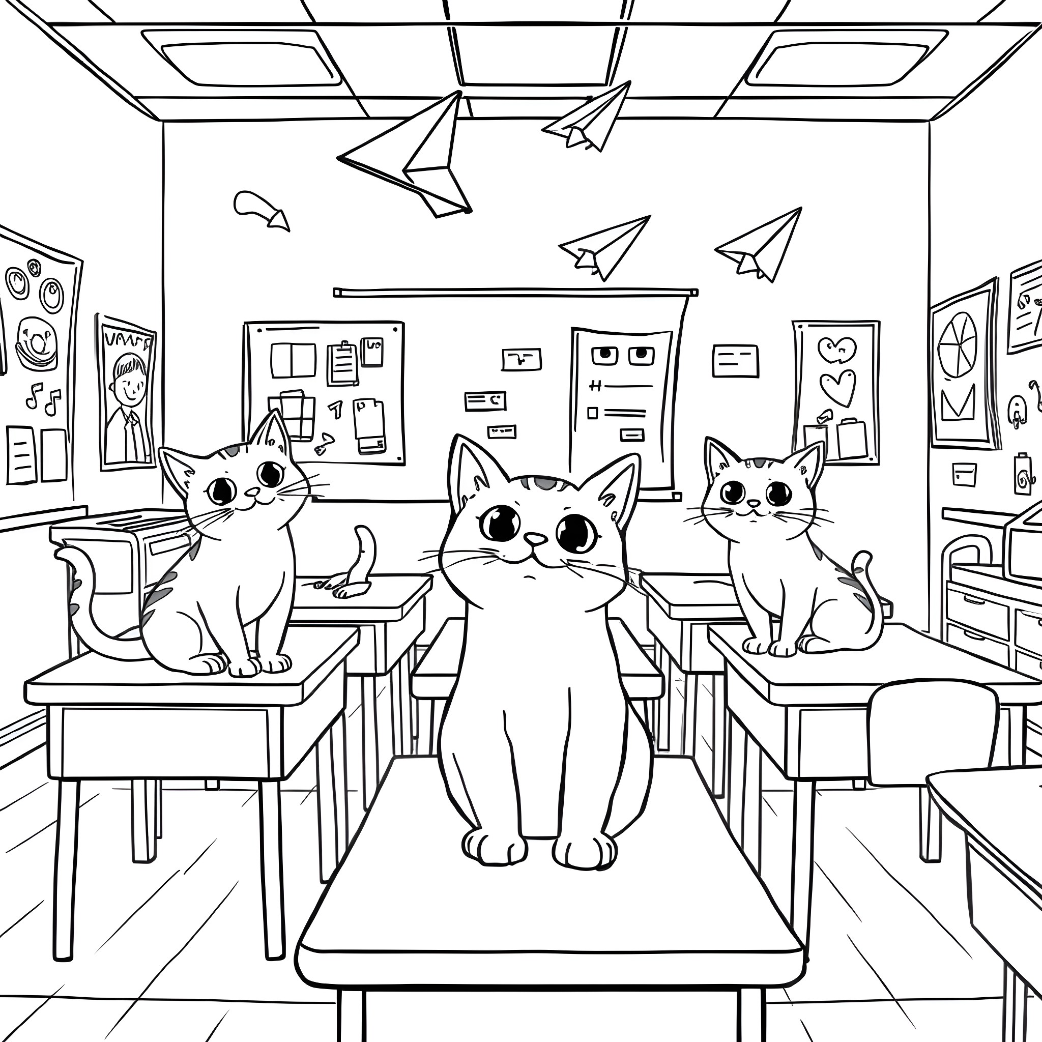 Cats exploring the colorful classroom Coloring Page (free black-and-white line drawing printable PDF for all, from beginners to advanced learners, including children, teens, adults, and seniors)