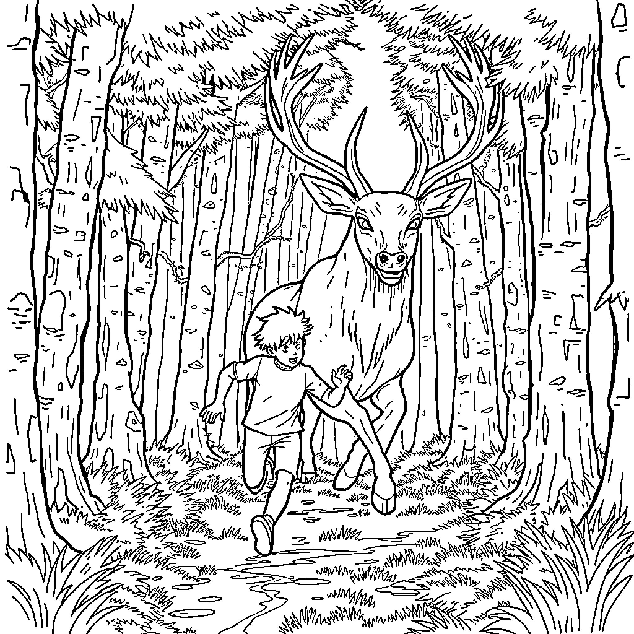 Deer and Child Exploring the Forest Coloring Page (free black-and-white line drawing printable PDF for all, from beginners to advanced learners, including children, teens, adults, and seniors)