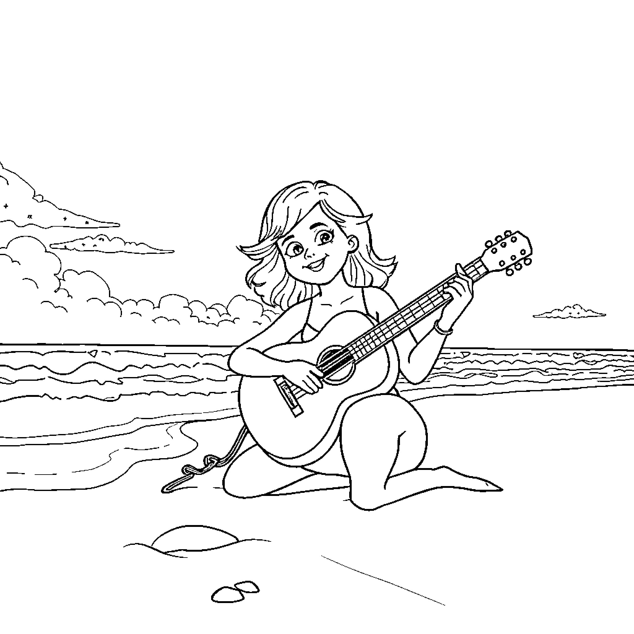 Mom playing guitar on the beach Coloring Page (free black-and-white line drawing printable PDF for all, from beginners to advanced learners, including children, teens, adults, and seniors)