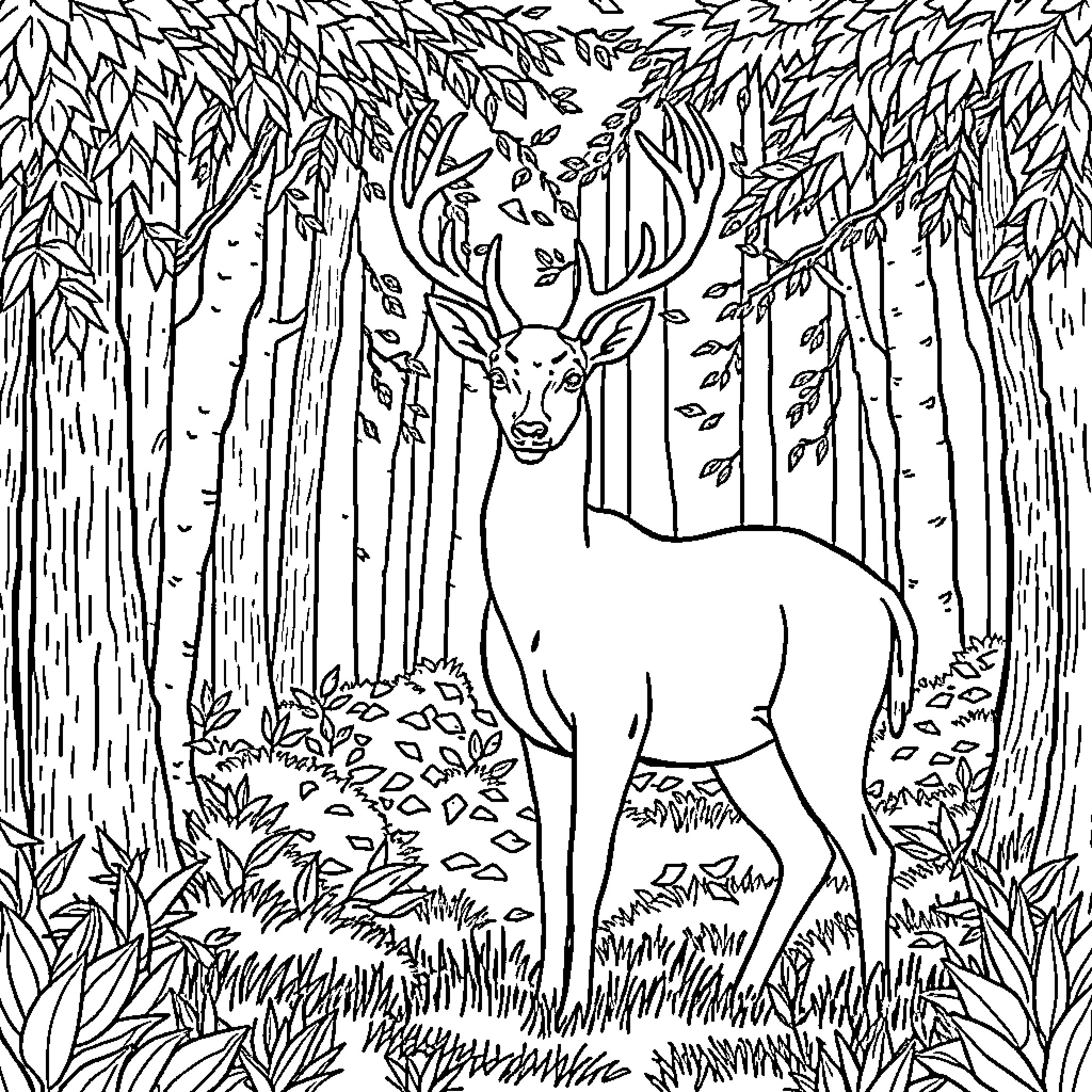 Deer in the Enchanted Forest Coloring Page (free black-and-white line drawing printable PDF for all, from beginners to advanced learners, including children, teens, adults, and seniors)
