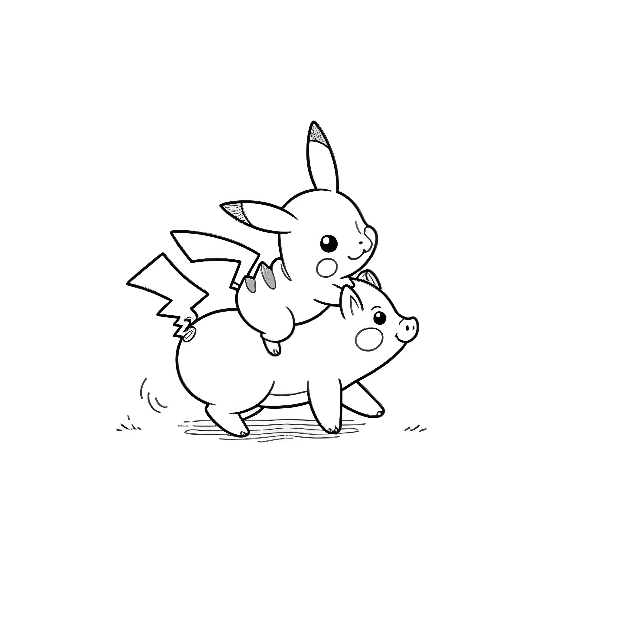 Pikachu riding a Phanpy happily Coloring Page (free black-and-white line drawing printable PDF for all, from beginners to advanced learners, including children, teens, adults, and seniors)
