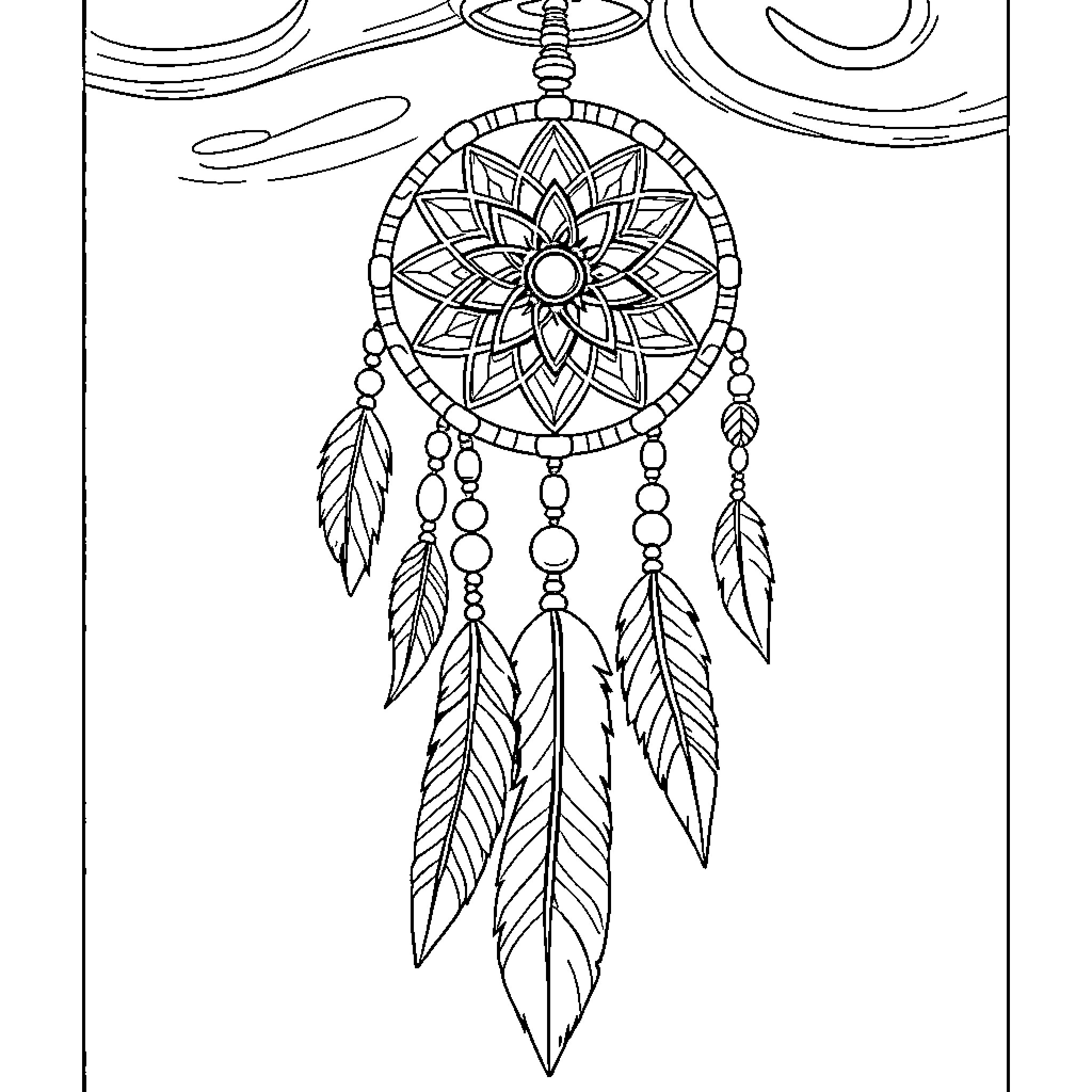 Dreamcatcher with intricate floral design and feathers Coloring Page (free black-and-white line drawing printable PDF for all, from beginners to advanced learners, including children, teens, adults, and seniors)