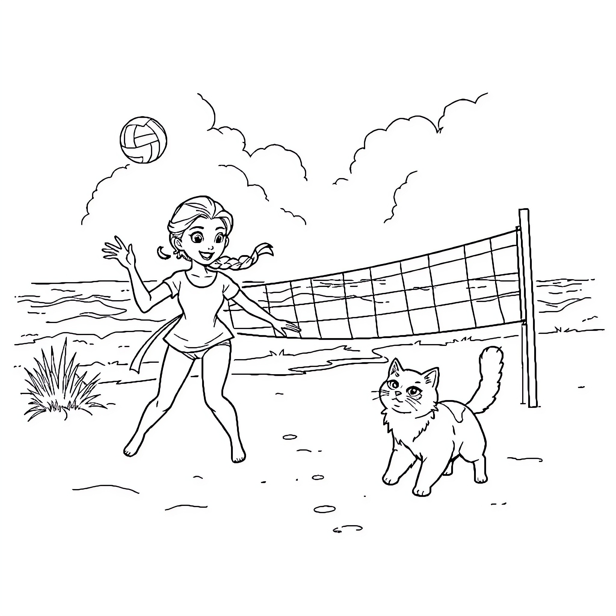 Elsa playing volleyball with her cat on the beach Coloring Page (free black-and-white line drawing printable PDF for all, from beginners to advanced learners, including children, teens, adults, and seniors)
