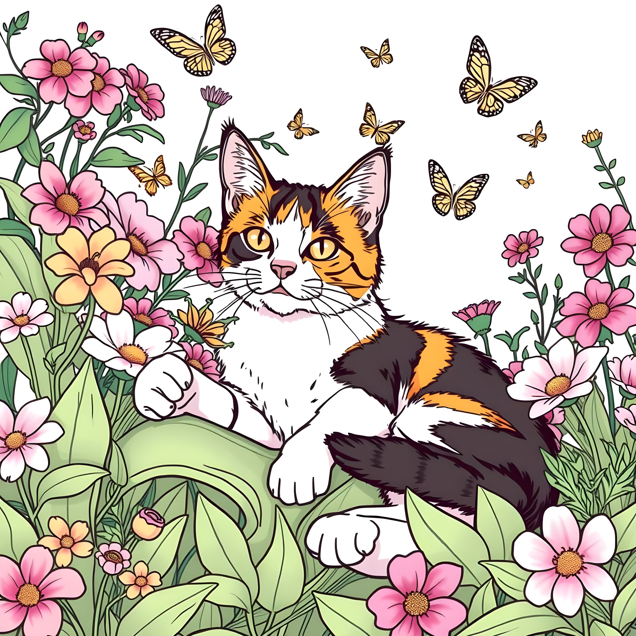 Calico Cat Surrounded by Blooming Flowers and Butterflies Coloring Page (free black-and-white line drawing printable PDF for all, from beginners to advanced learners, including children, teens, adults, and seniors)
