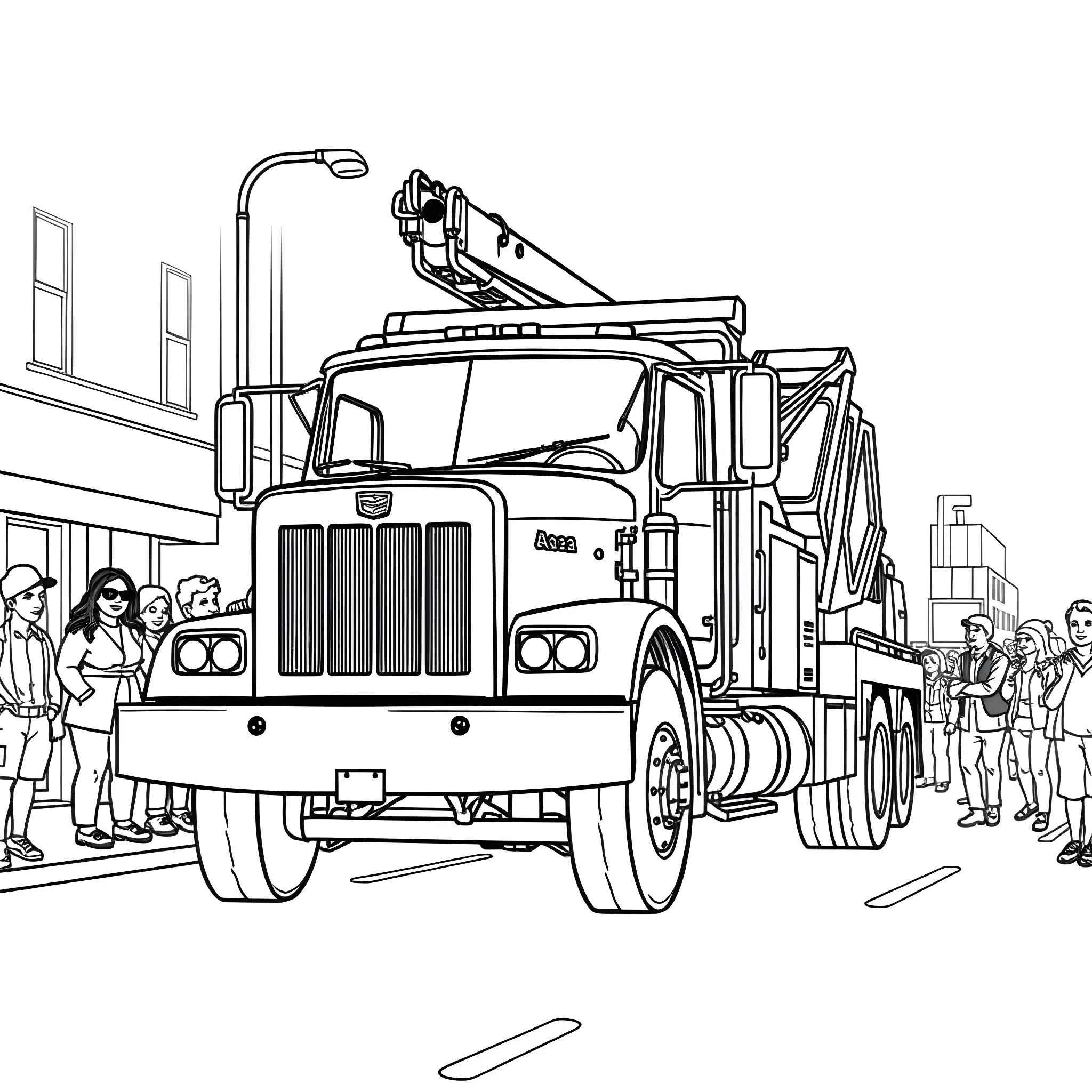 Tow Pickup Truck Assisting on City Street Coloring Page (free black-and-white line drawing printable PDF for all, from beginners to advanced learners, including children, teens, adults, and seniors)