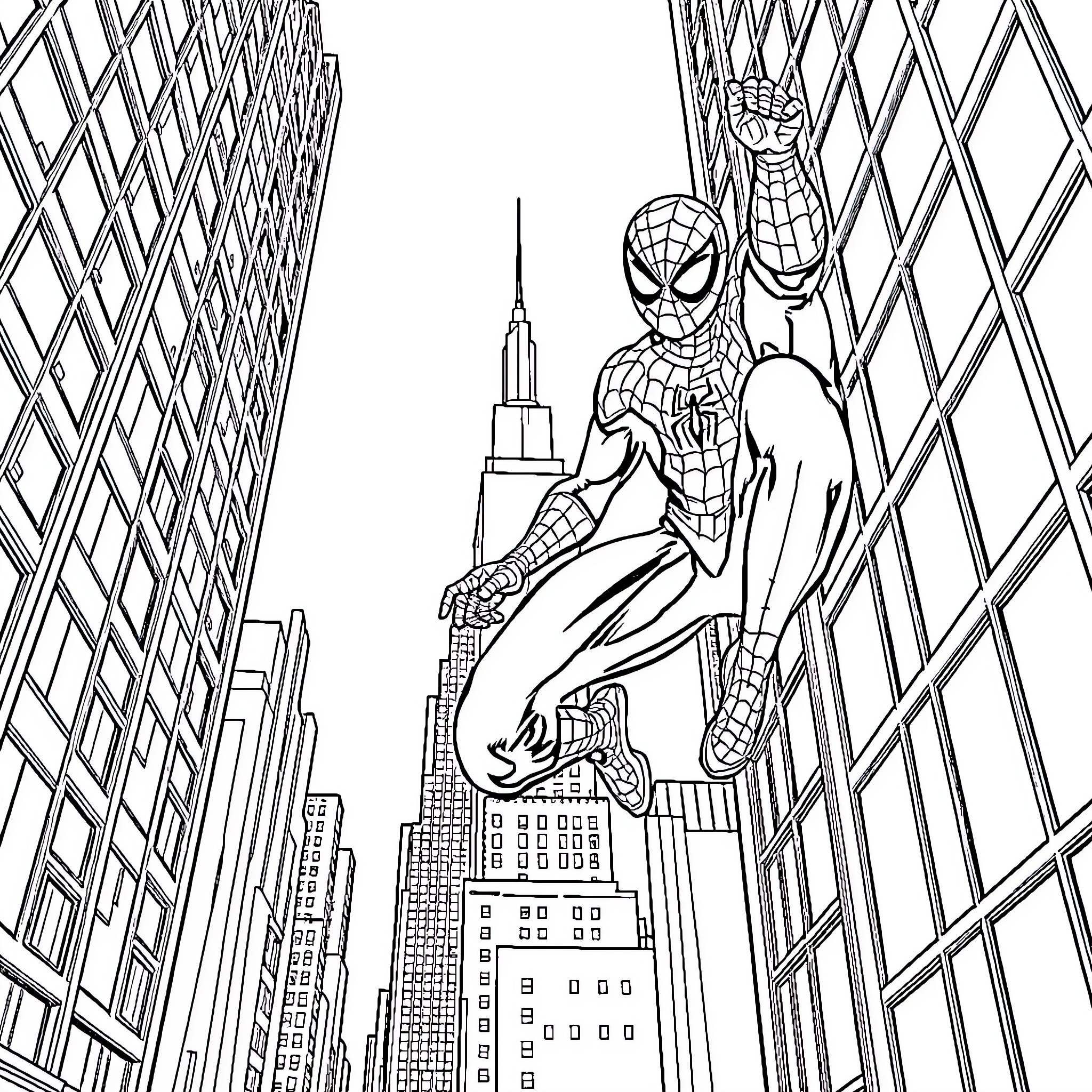 Spiderman swinging through the city skyscrapers Coloring Page (free black-and-white line drawing printable PDF for all, from beginners to advanced learners, including children, teens, adults, and seniors)